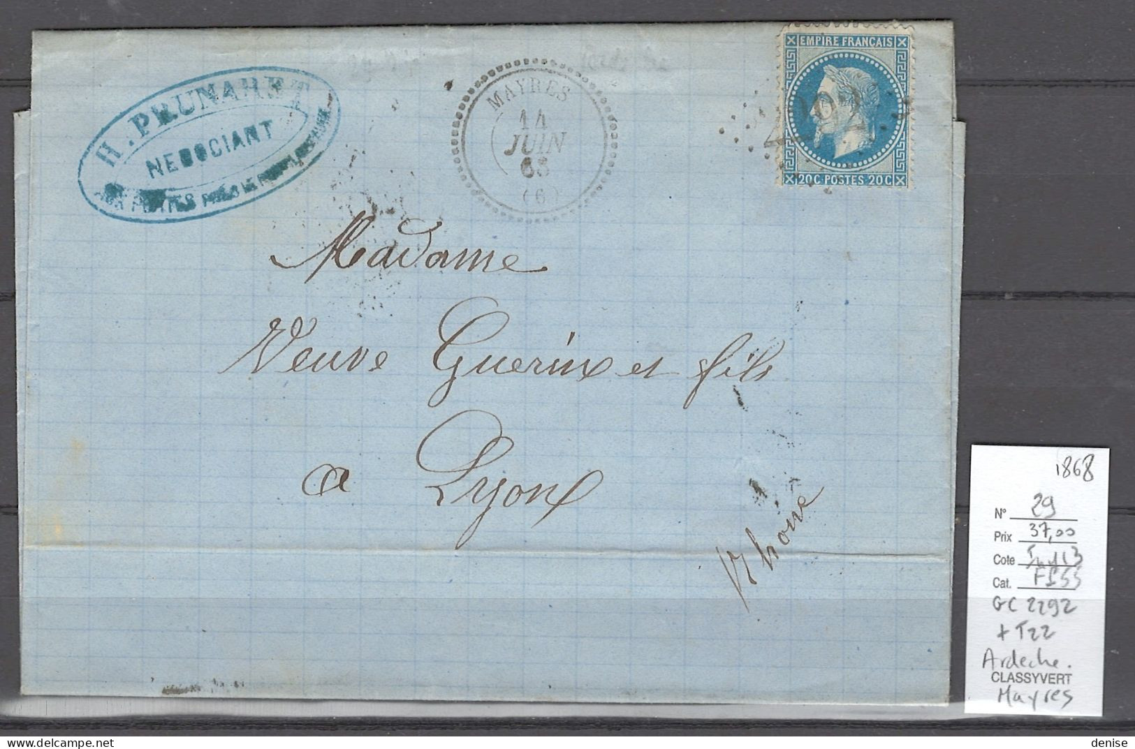 France - Lettre Mayres - Ardéche - 1868 - Type 22 - GC2292 - 1849-1876: Classic Period