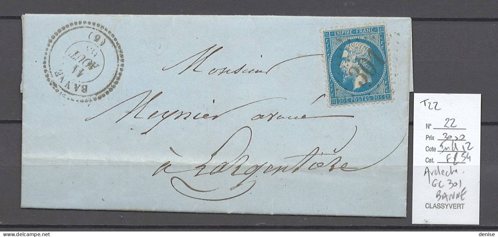 France - Lettre BANNE - Ardéche - 1869 - GC301 - Type 22 - 1849-1876: Période Classique