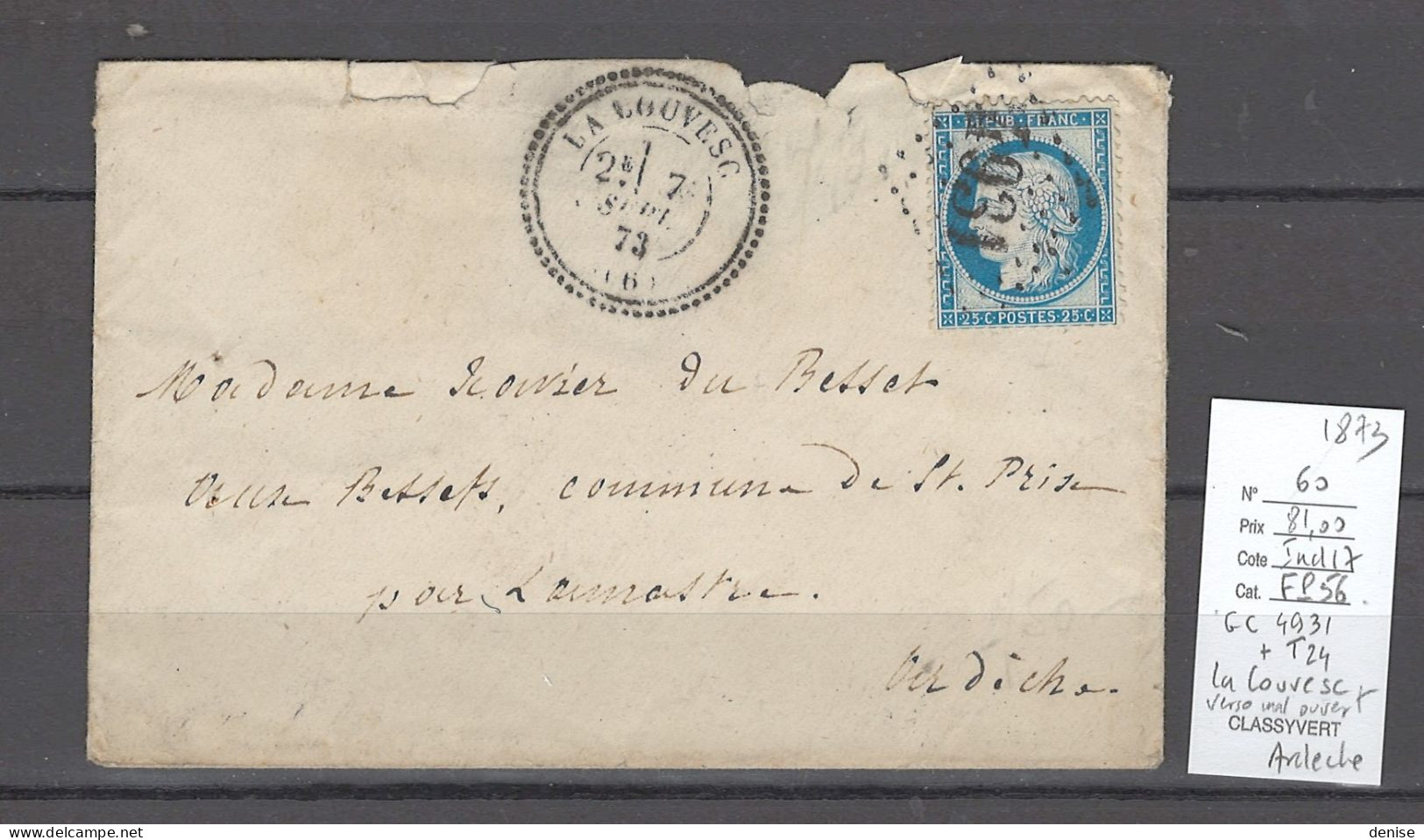 France - Lettre La Louvesc - Ardéche - 1873 - Type 24 - GC4931 - 1849-1876: Klassik