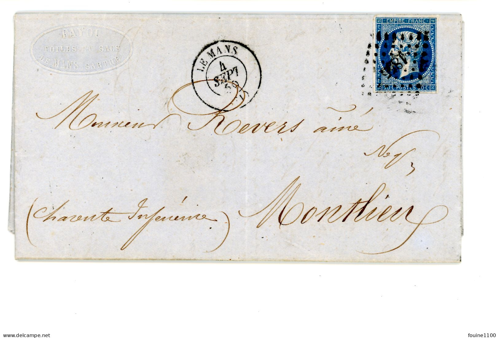 Courrier Facture An 1859  Pour REVERS à MONTLIEU 17 Des Produits Du Pays FAYOU à LE MANS 72 Sarthe - 1853-1860 Napoléon III