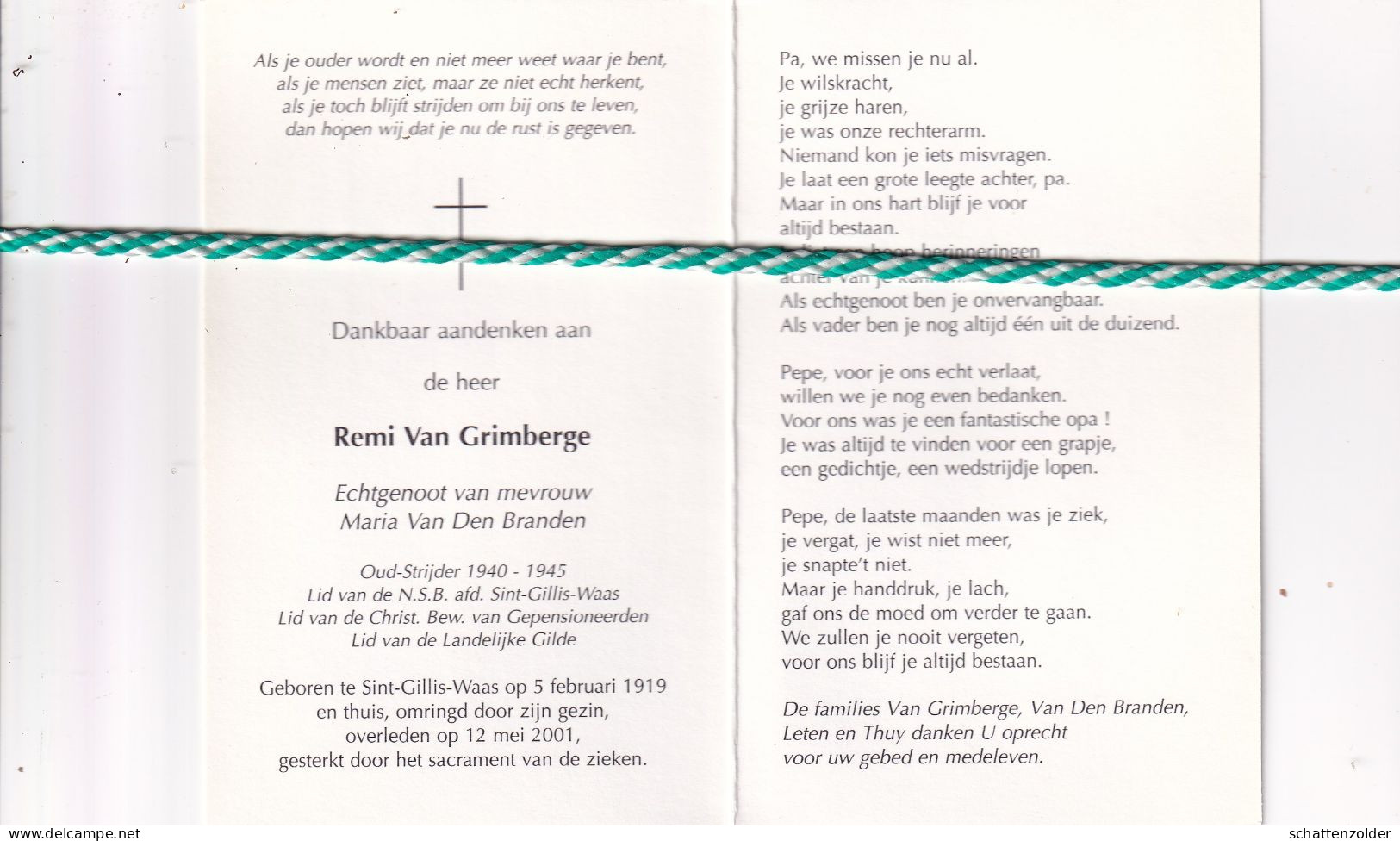 Remi Van Grimberge-Van Den Branden, Sint-Gillis-Waas 1919, 2001. Oud-strijder 40-45; Foto - Obituary Notices