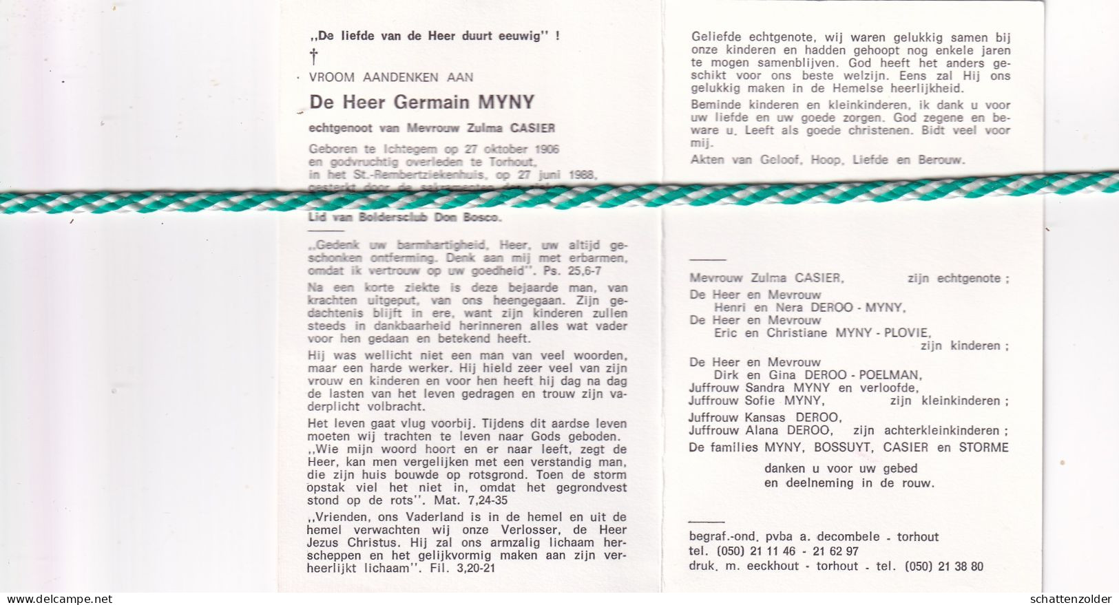 Germaine Myny-Casier, Ichtegem 1906, Torhout 1988 - Esquela