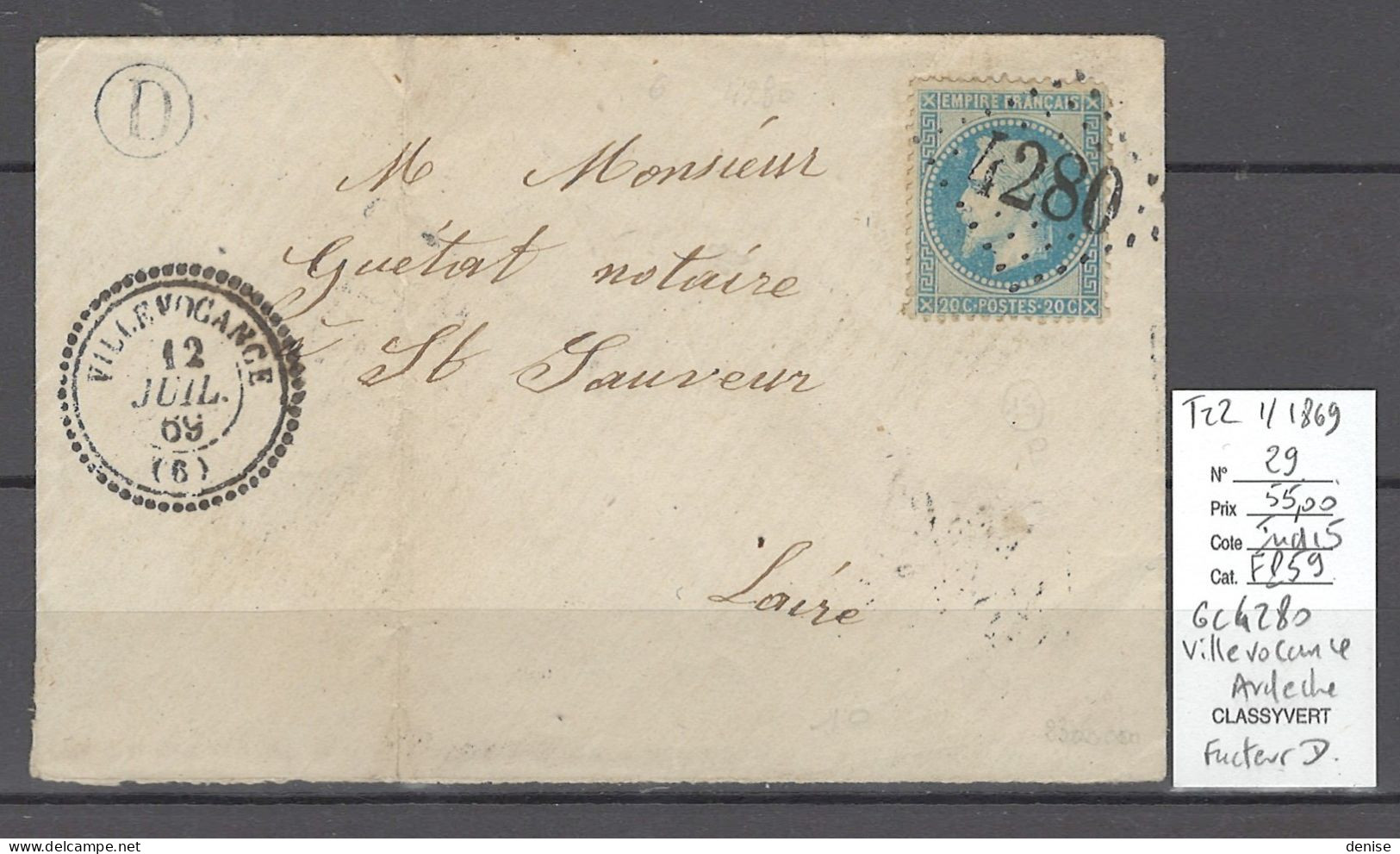 France - Lettre VILLEVOCANCE - Ardeche - GC4280 Et Facteur D - T22 - 1869 - 1849-1876: Periodo Classico