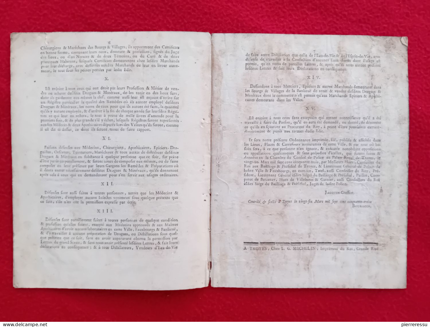 ORDONNANCE DE POLICE CONCERNANT LA DISTRIBUTION DES DROGUES ET POISONS TROYES 1753 MAITRES APOTHICAIRES REMEDES - Wetten & Decreten