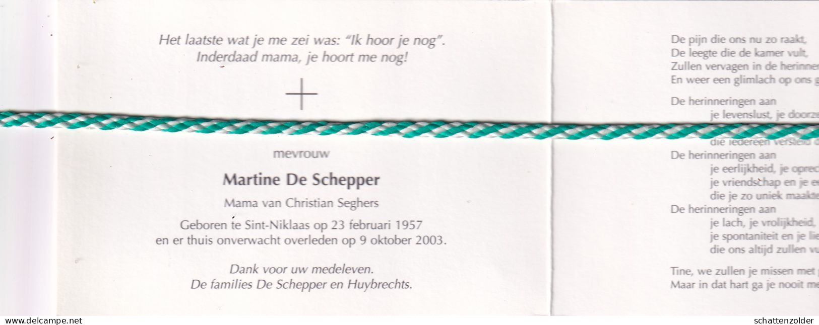 Martine De Schepper-Seghers, Sint-Niklaas 1957, 2003. Foto - Décès