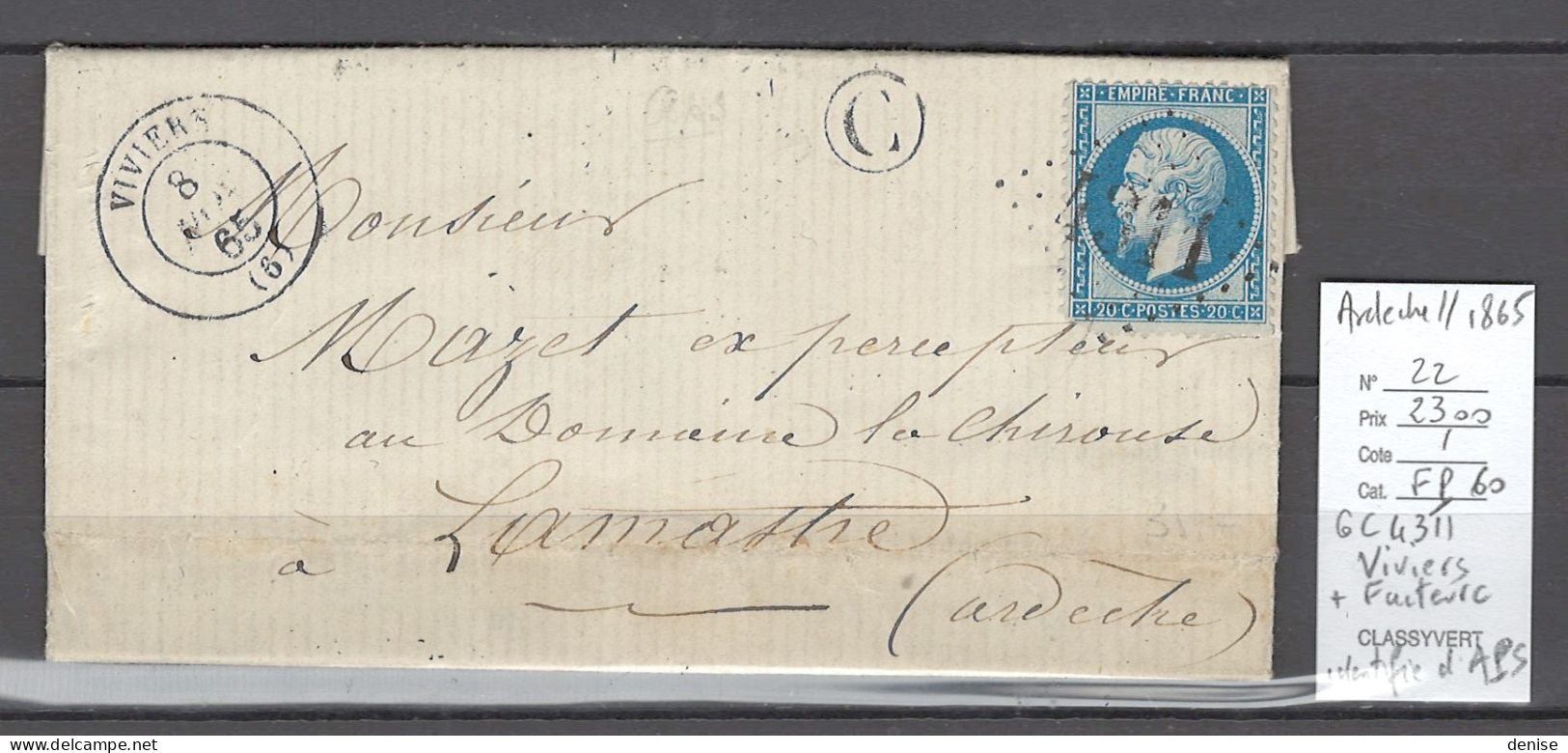 France - Lettre VIVIERS - Ardéche + Facteur C IDENTIFIE D'APS - 1865 - GC4311 - 1849-1876: Période Classique