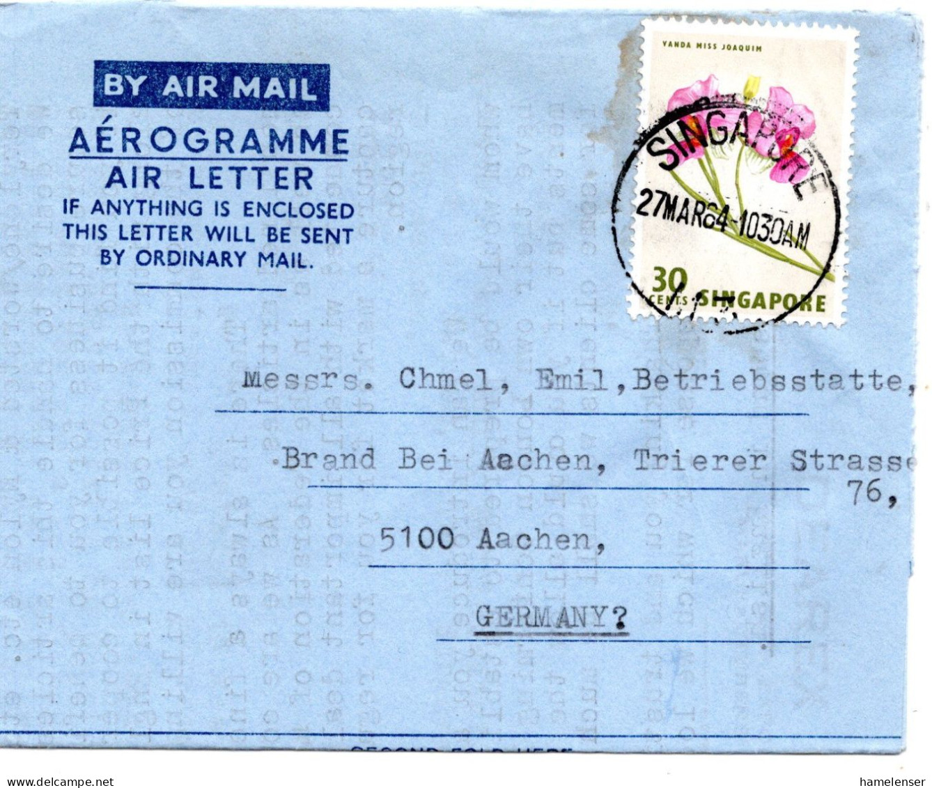 78804 - Singapur - 1984 - 30c Miss Joaquim EF A Aerogramm SINGAPORE -> Westdeutschland - Orchideen