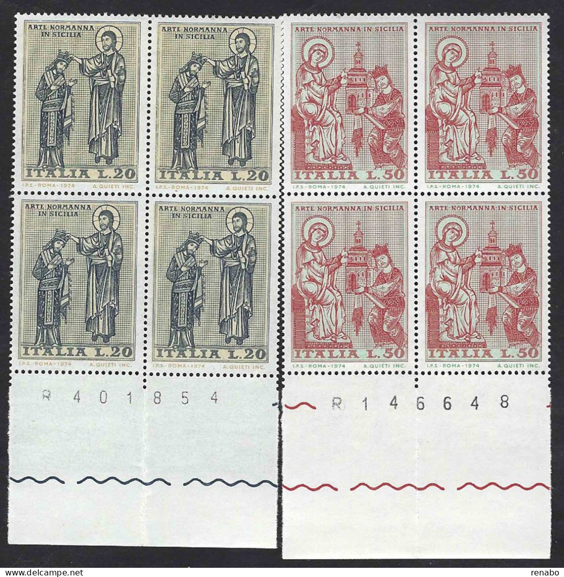Italia, Italy, Italien, Italie 1974; Arte Normanna, Cristo E La Vergine Con Il Re; Serie Completa In Quartine Con Bordo - Christianity