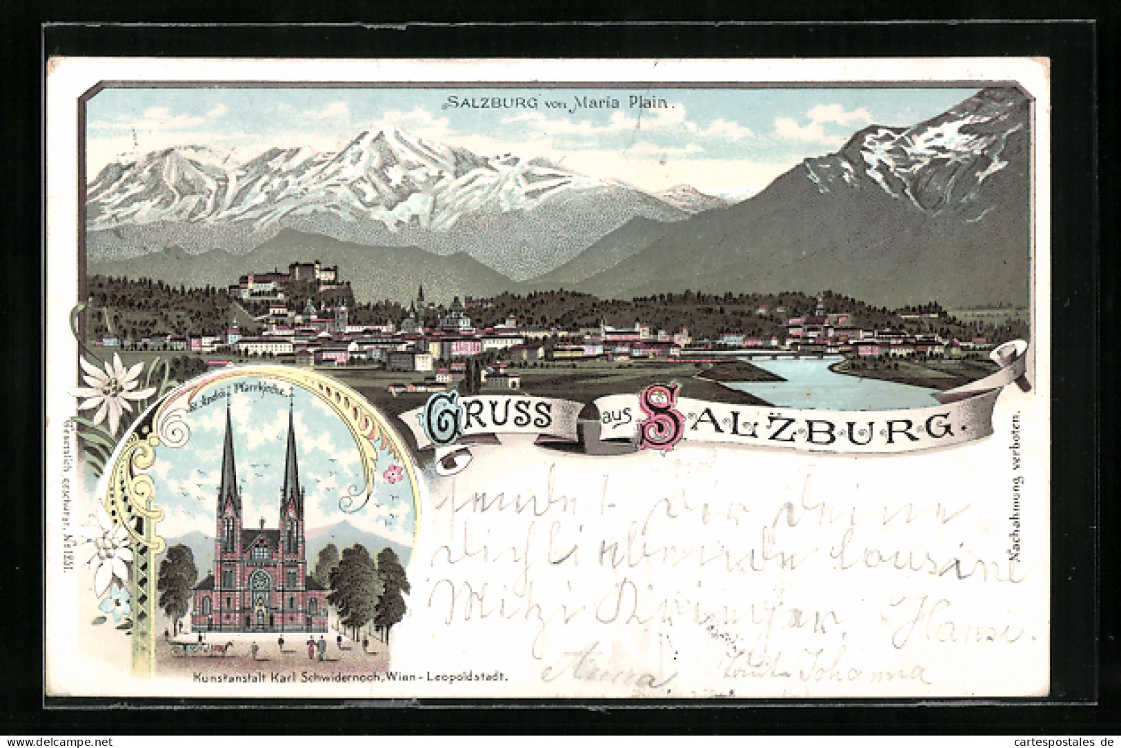 Lithographie Salzburg, Wallfahrtskirche Maria Plain, Totalansicht  - Altri & Non Classificati