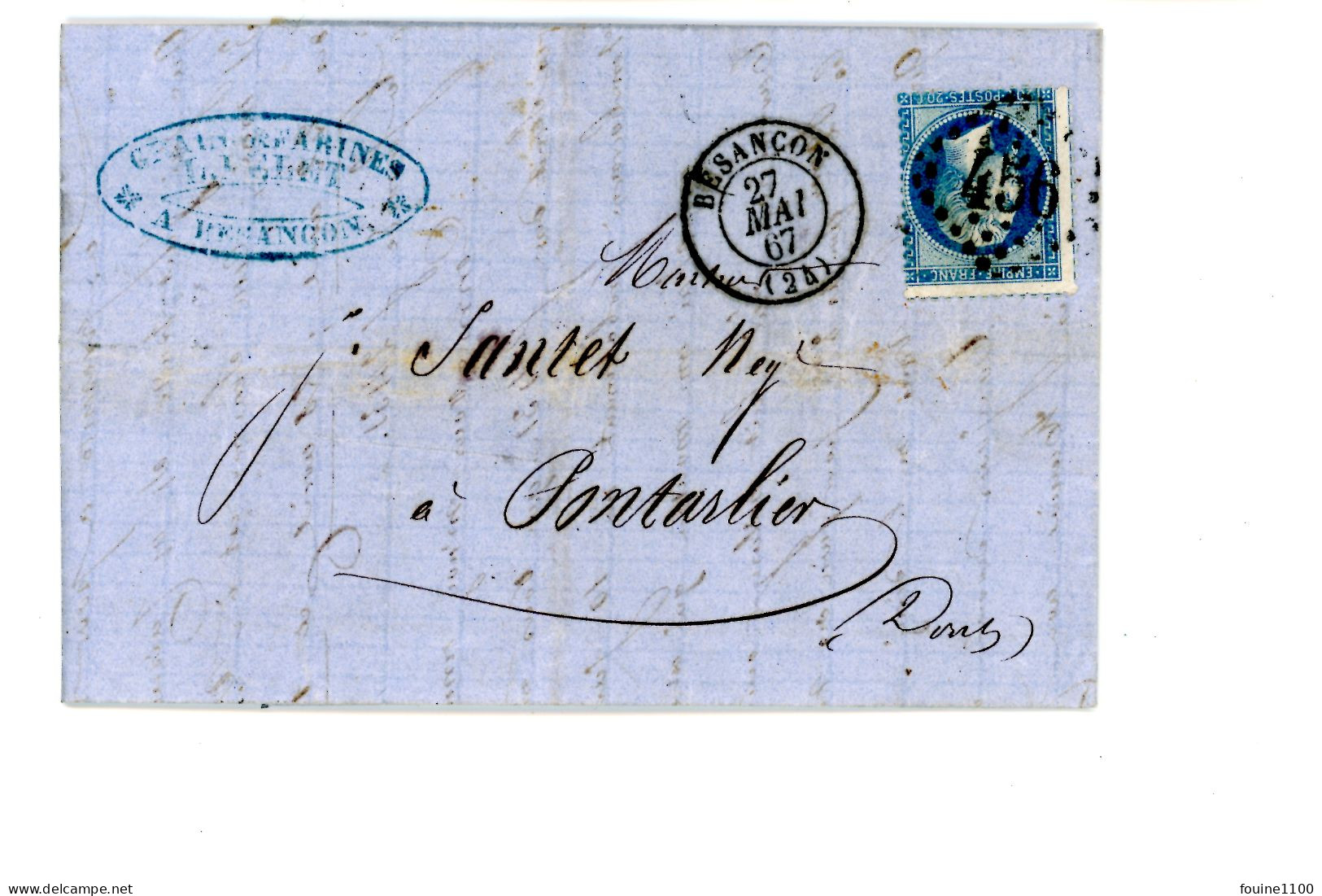 Courrier Facture An 1867 Grains Farines PELET Quai Napoléon Et Rue Battant à BESANCON 25 Doubs Pour SANTET à PONTARLIER - 1863-1870 Napoleon III Gelauwerd