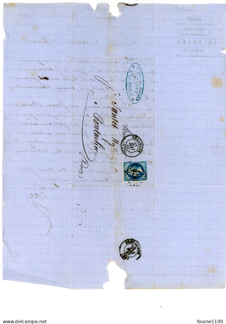 Courrier Facture An 1867 Grains Farines PELET Quai Napoléon Et Rue Battant à BESANCON 25 Doubs Pour SANTET à PONTARLIER - 1863-1870 Napoléon III. Laure