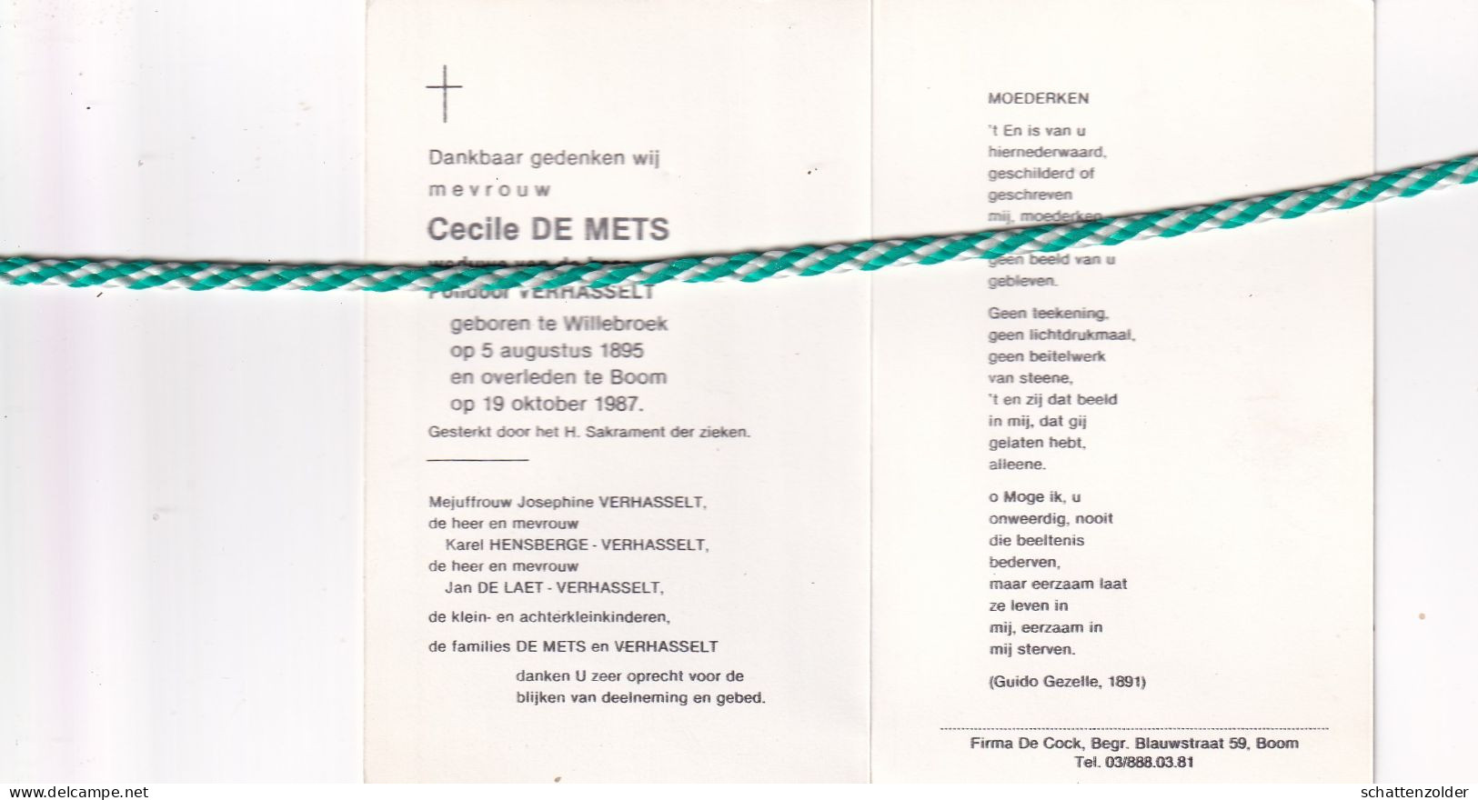 Cecile De Mets-Verhasselt, Willebroek 1895, Boom 1987 - Obituary Notices
