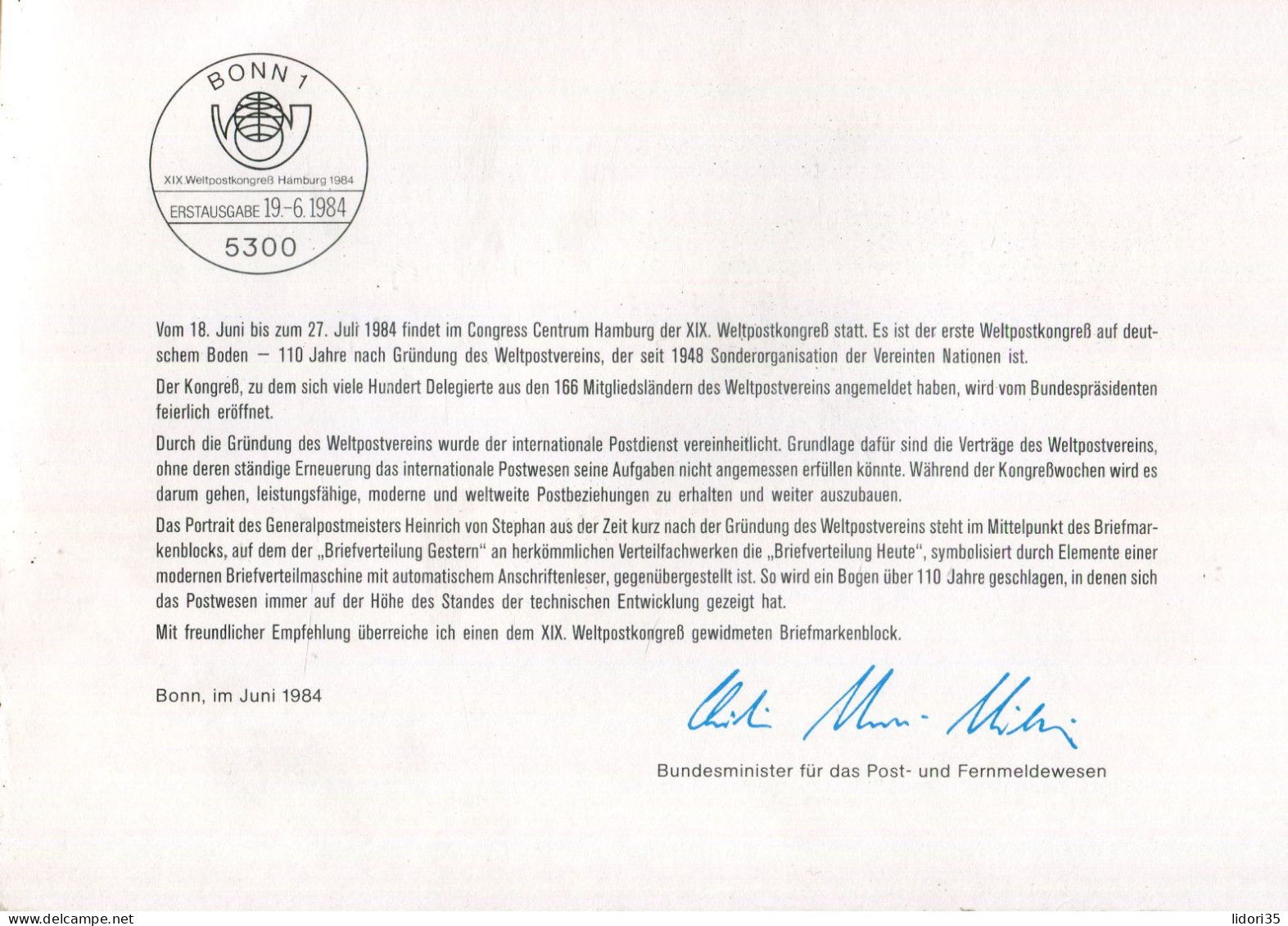 BUNDESREPUBLIK DEUTSCHLAND" 1984, Minister-Klappkarte Mit Blockaausgabe "Weltpostkongress" (L2006) - Lettres & Documents