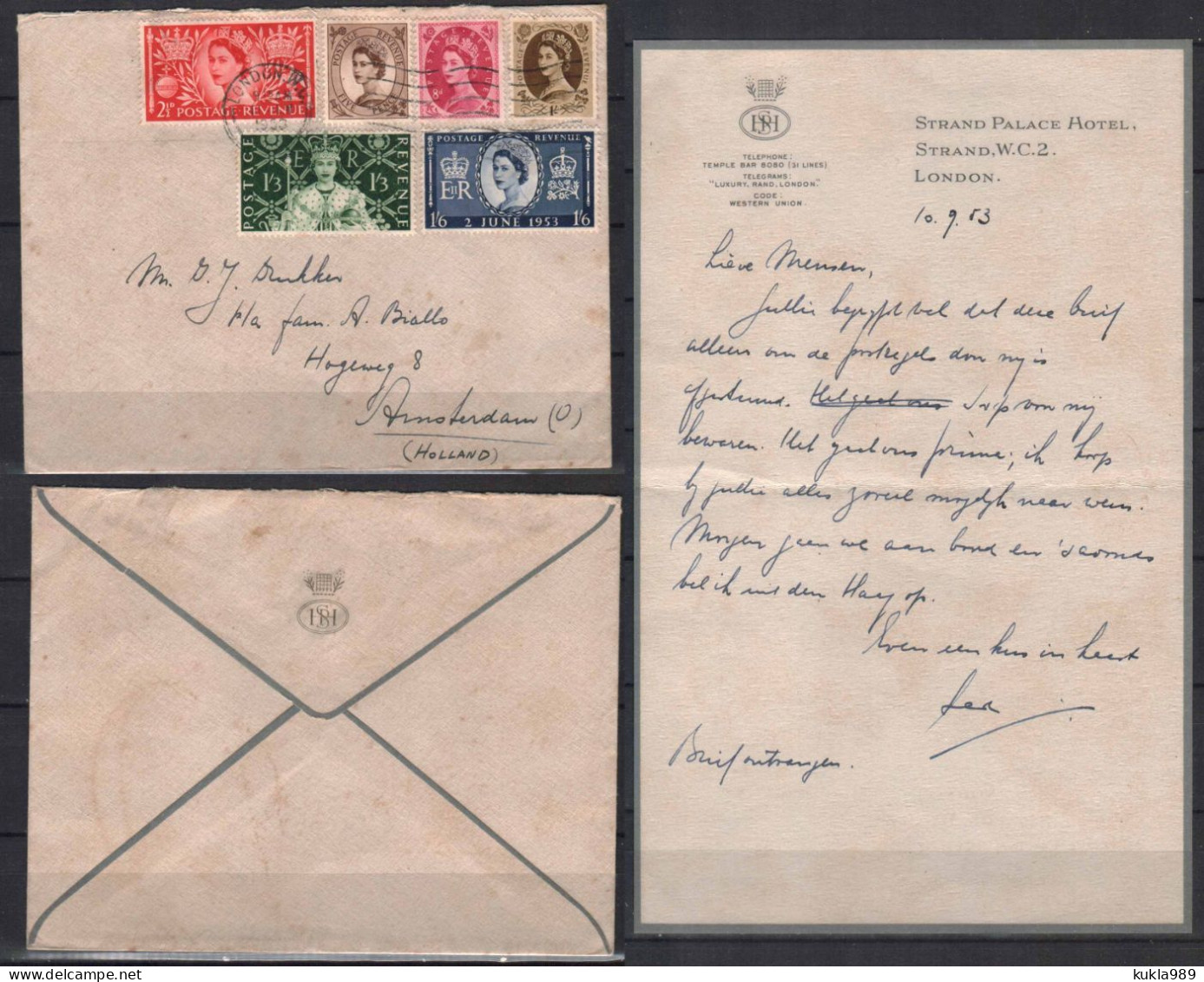 GB STAMPS.  1953 COVER + LETTER FROM HOTEL STRAND PALACE TO NETHERLANDS - Lettres & Documents