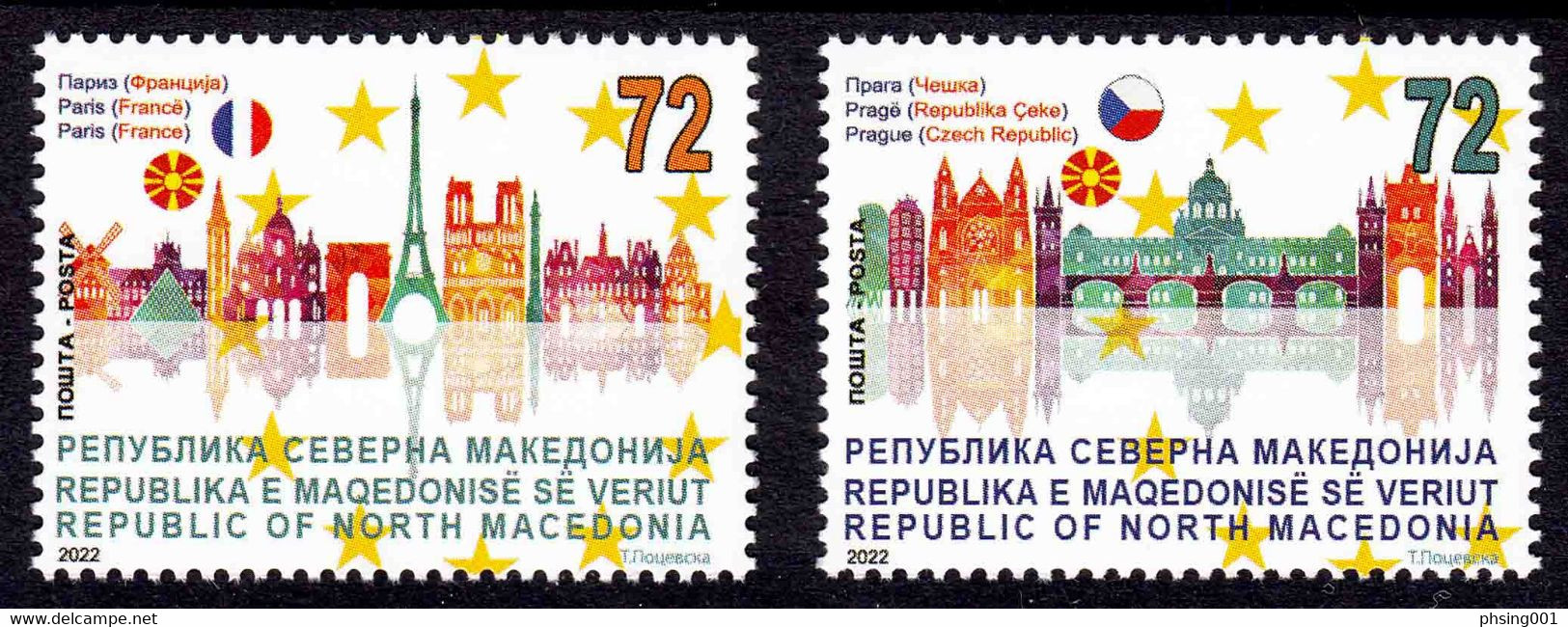 North Macedonia 2022 European Union Europa Capitols Paris France Prague Czech Republic Flags Architecture, Set MNH - Macédoine Du Nord