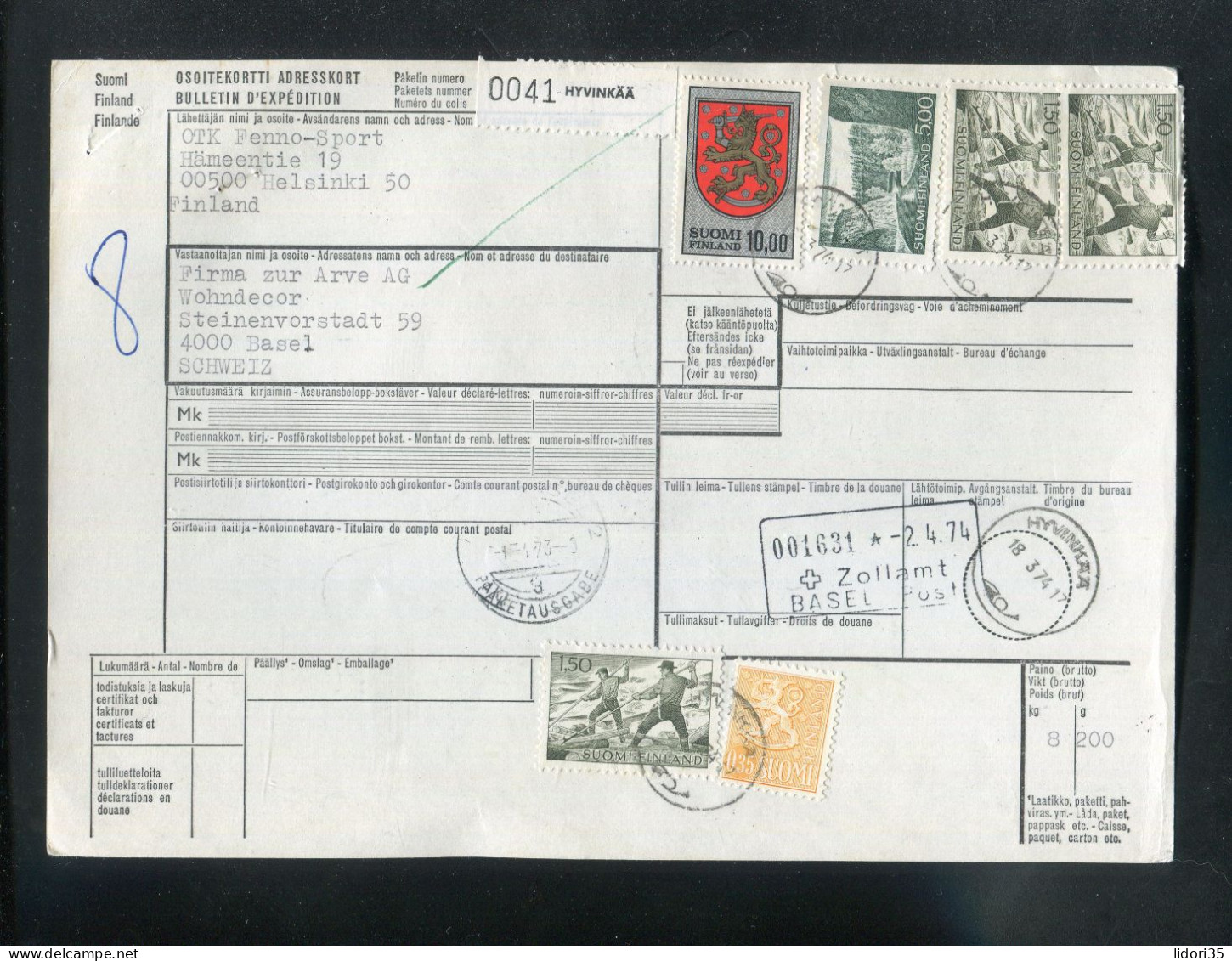 "FINNLAND" 1974, Auslands-Paketkarte In Die Schweiz, Frankatur ! (L2008) - Covers & Documents
