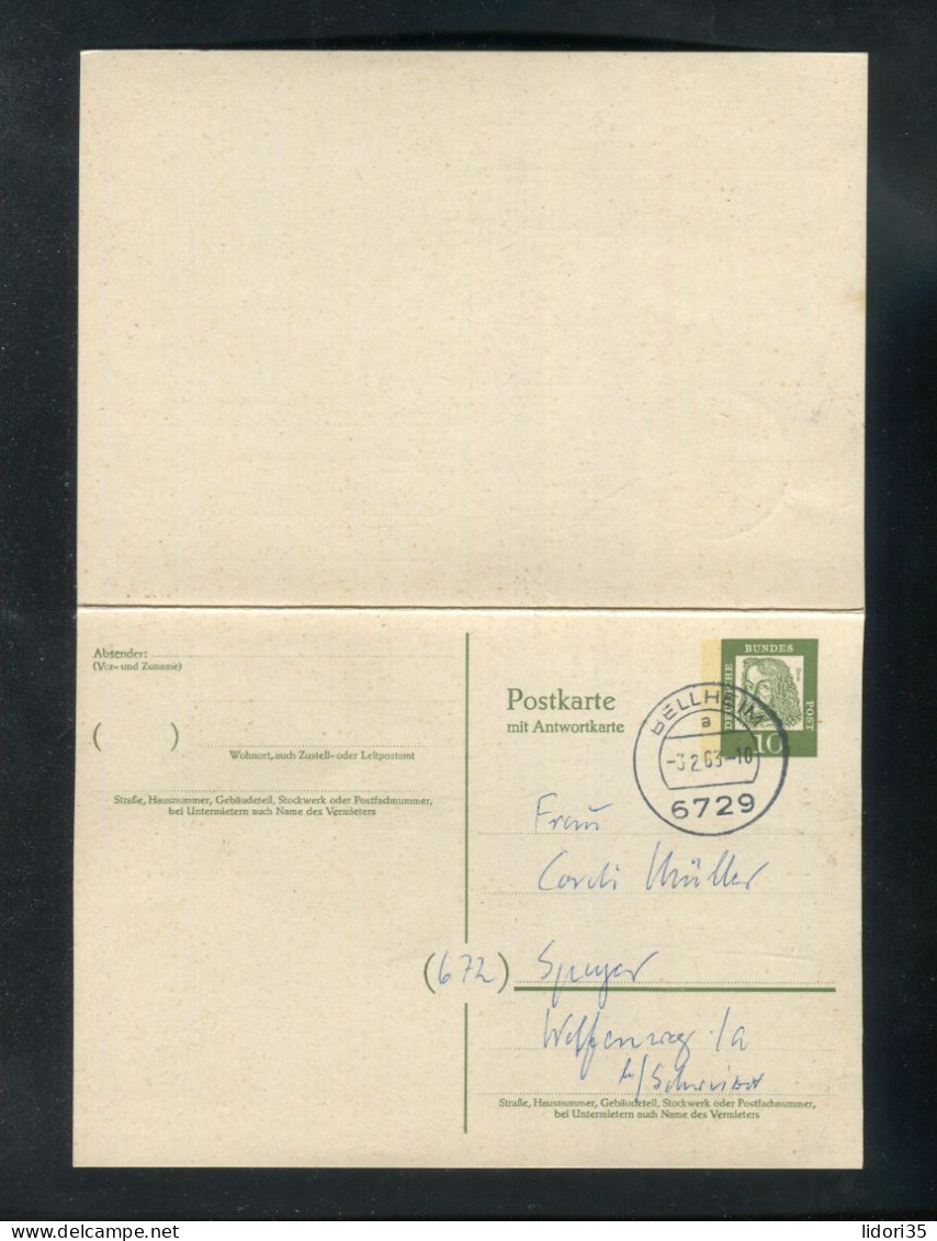 "BUNDESREPUBLIK DEUTSCHLAND" 1963, Postkarte Mit Antwortkarte Mi. P 70, Stegstempel "BELLHEIM" (L2009) - Postcards - Used