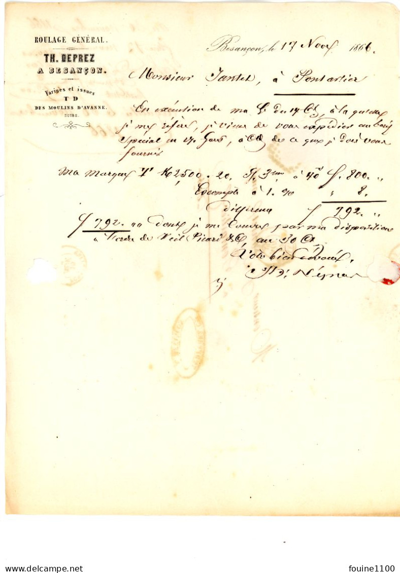 Courrier Facture An 1866 Roulage TH. DEPREZ ( Farines Moulin D'avanne ) à BESANCON 25 Doubs Pour SANTET à PONTARLIER - 1863-1870 Napoleon III Gelauwerd