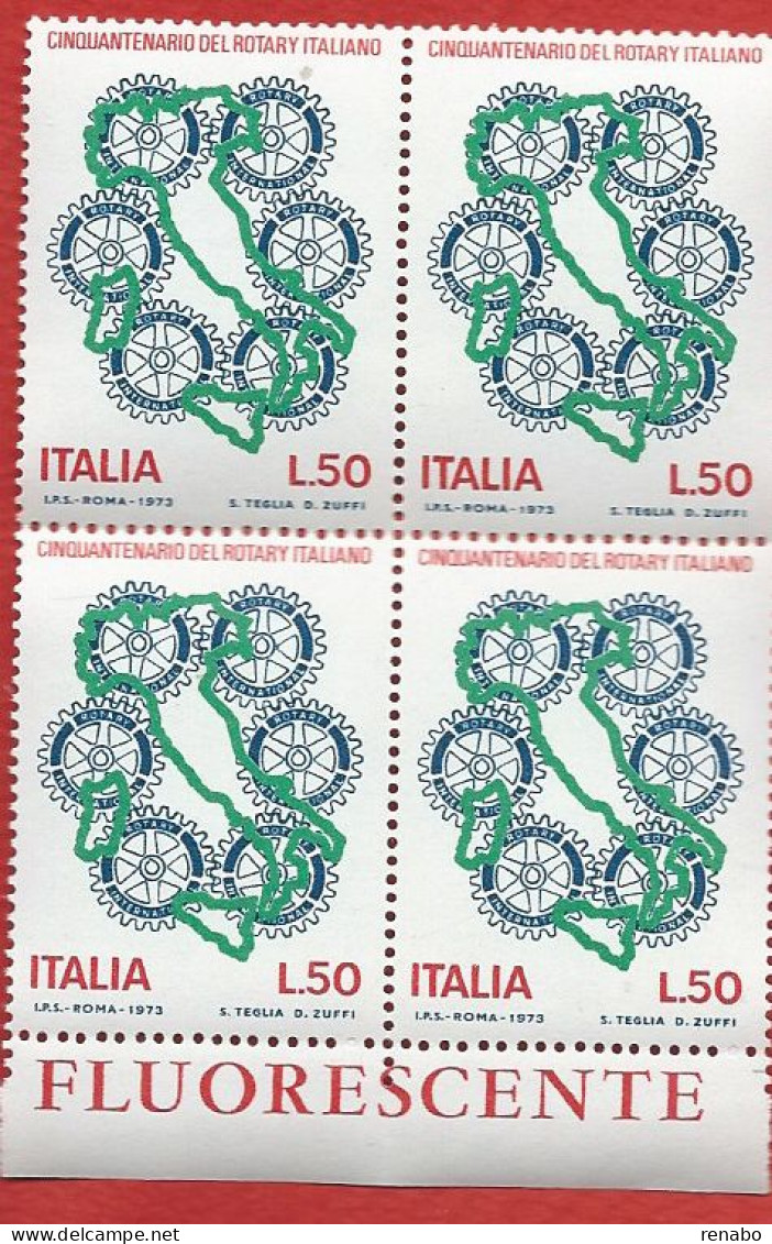 Italia 1973; Cinquantenario Del Rotary Italiano. Quartina Di Bordo FLUORESCENTE. - 1971-80: Mint/hinged