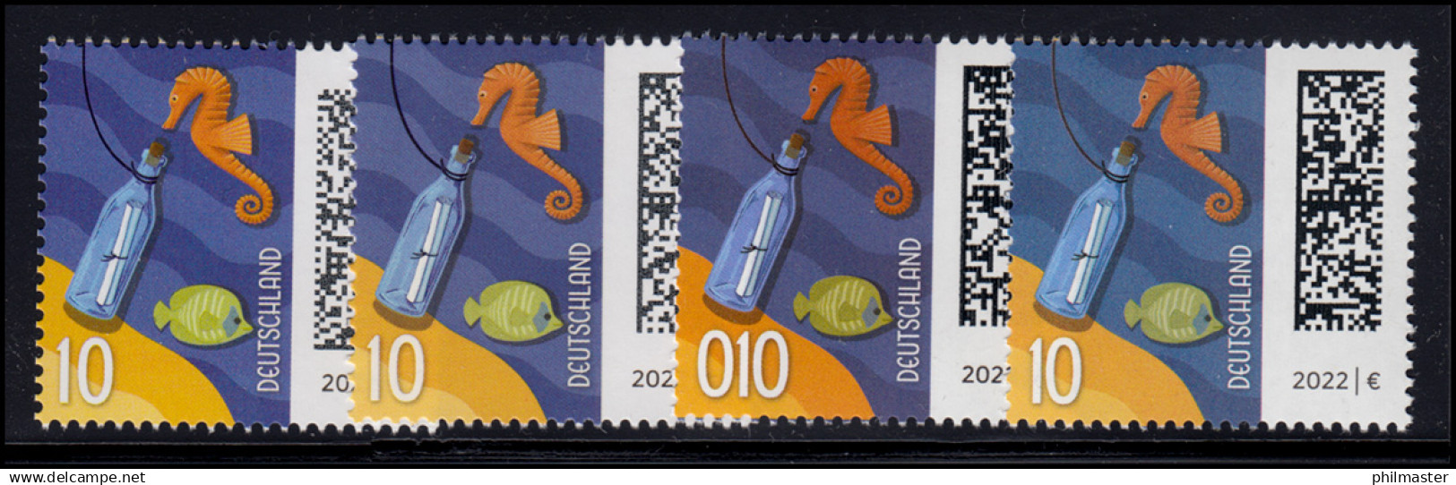 3723 Flaschenpost 10 Cent - Vier Teilauflagen Aus Der 200er-Rolle, Set ** - Roller Precancels