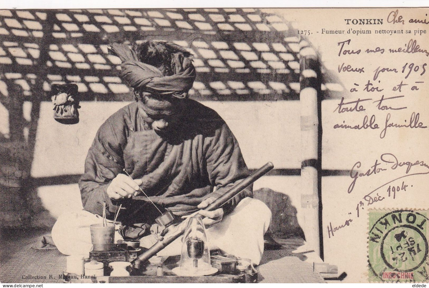 Drug Addict Opium Smoker In North Vietnam Opim Pipe  P. Used Hanoi 1904 - Salute