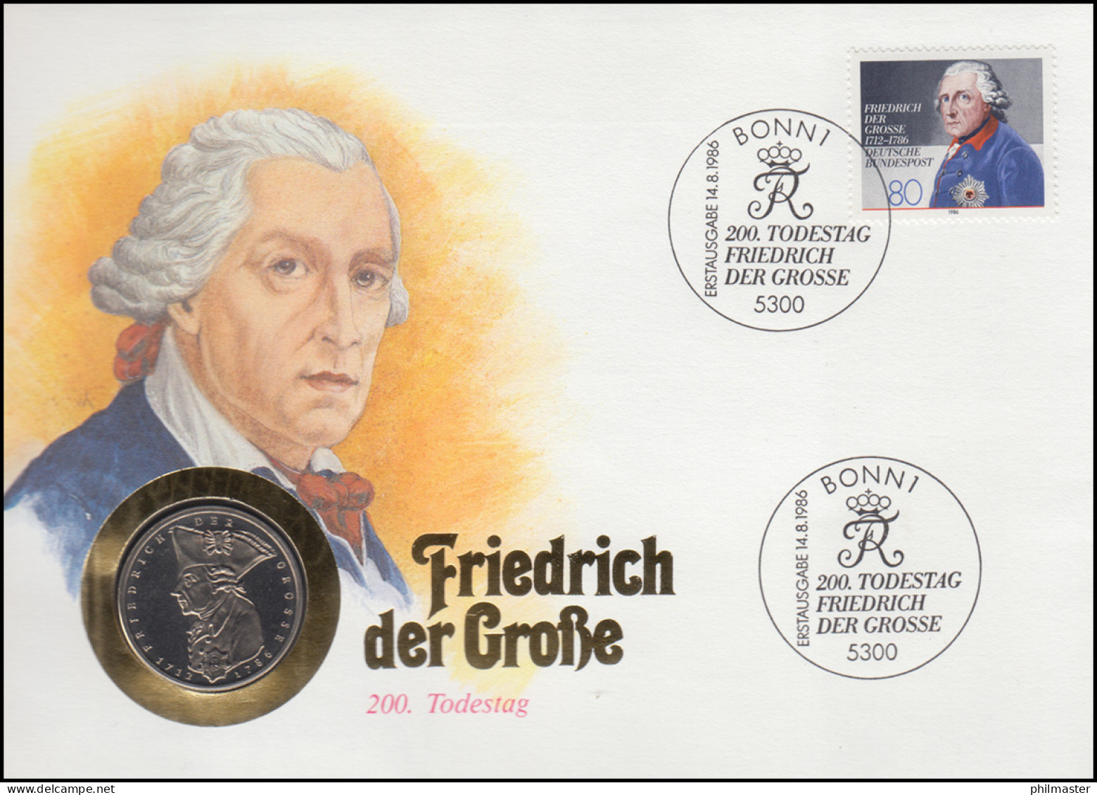 Numisbrief Friedrich Der Große, 5 DM / 80 Pf., ESST Bonn 14.8.1986 - Coin Envelopes