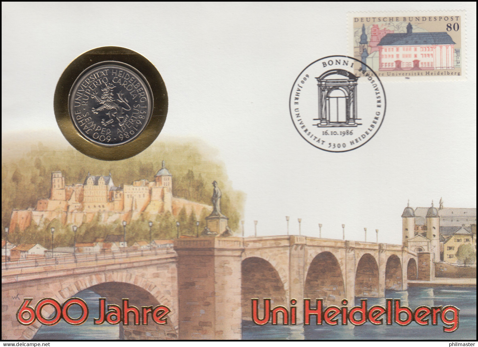 Numisbrief Universität Heidelberg, 5 DM / 80 Pf., ESST Bonn 16.10.1986 - Sobres Numismáticos