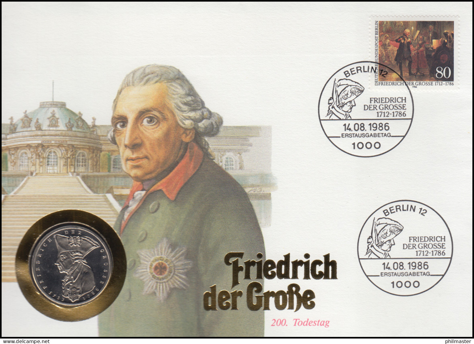 Numisbrief Friedrich Der Große, 5 DM / 80 Pf., ESST Berlin 14.8.1986 - Numismatische Enveloppen