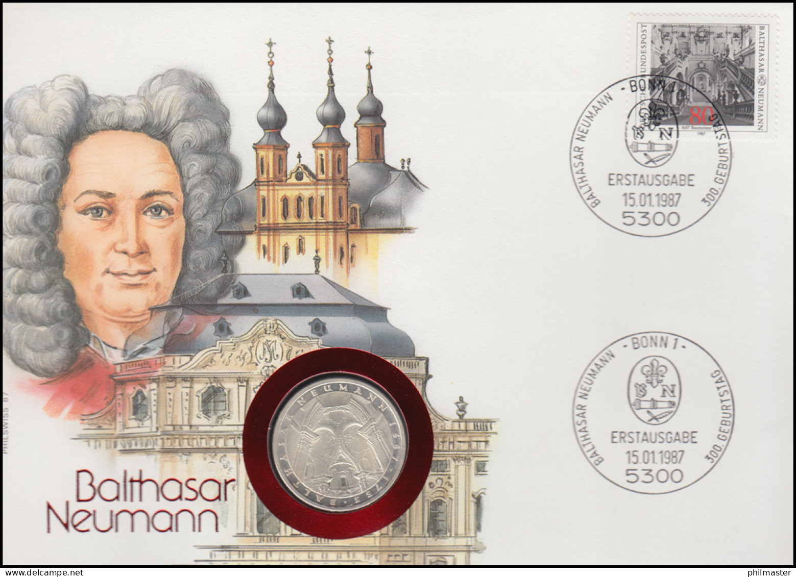 Numisbrief Balthasar Neumann, 5 DM / 80 Pf., ESST Bonn 15.01.1987 - Numismatische Enveloppen