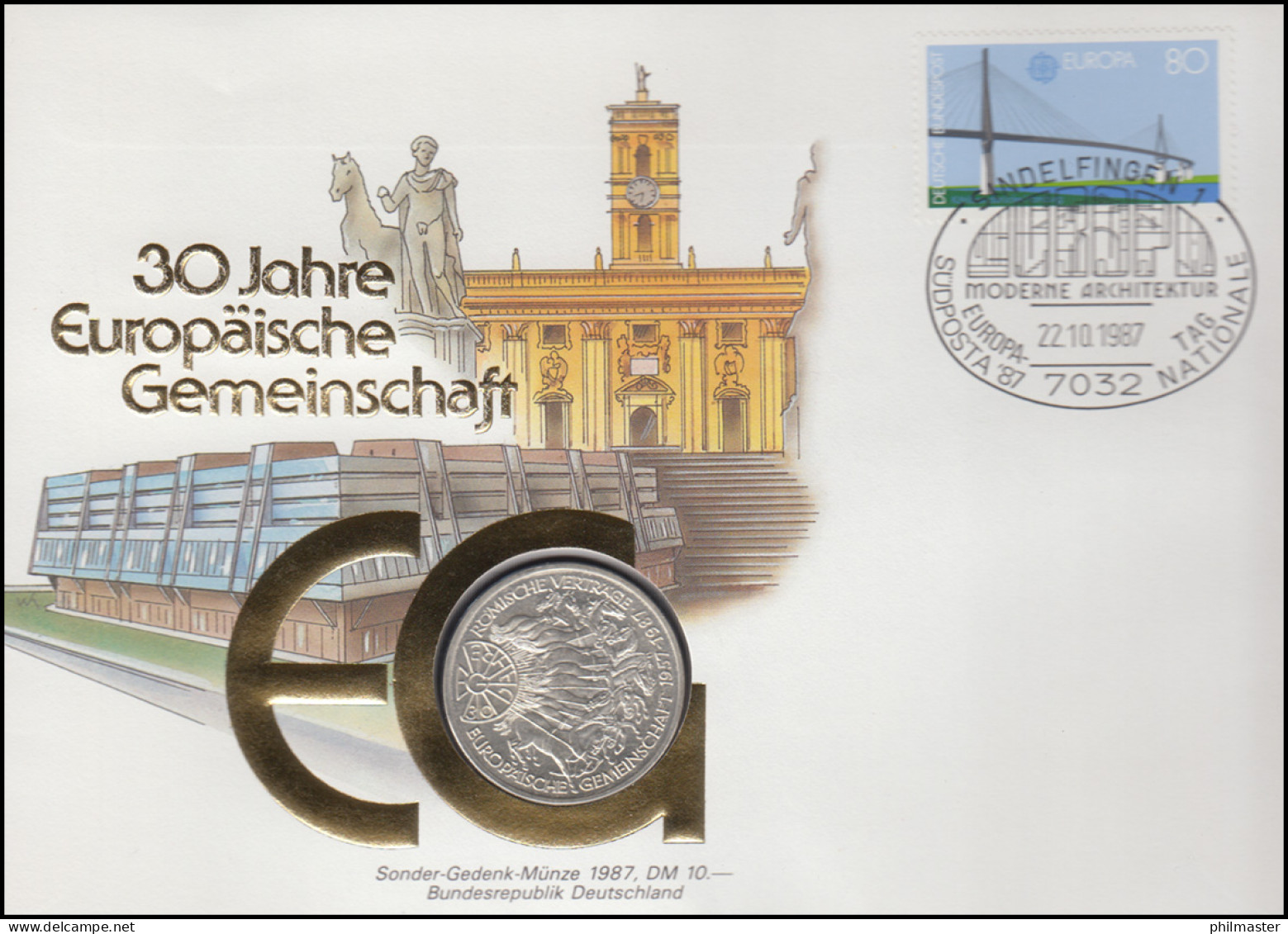 Numisbrief Europäische Gemeinschaft, 10 DM / 80 Pf., SST Sindelfingen 22.10.1987 - Sobres Numismáticos