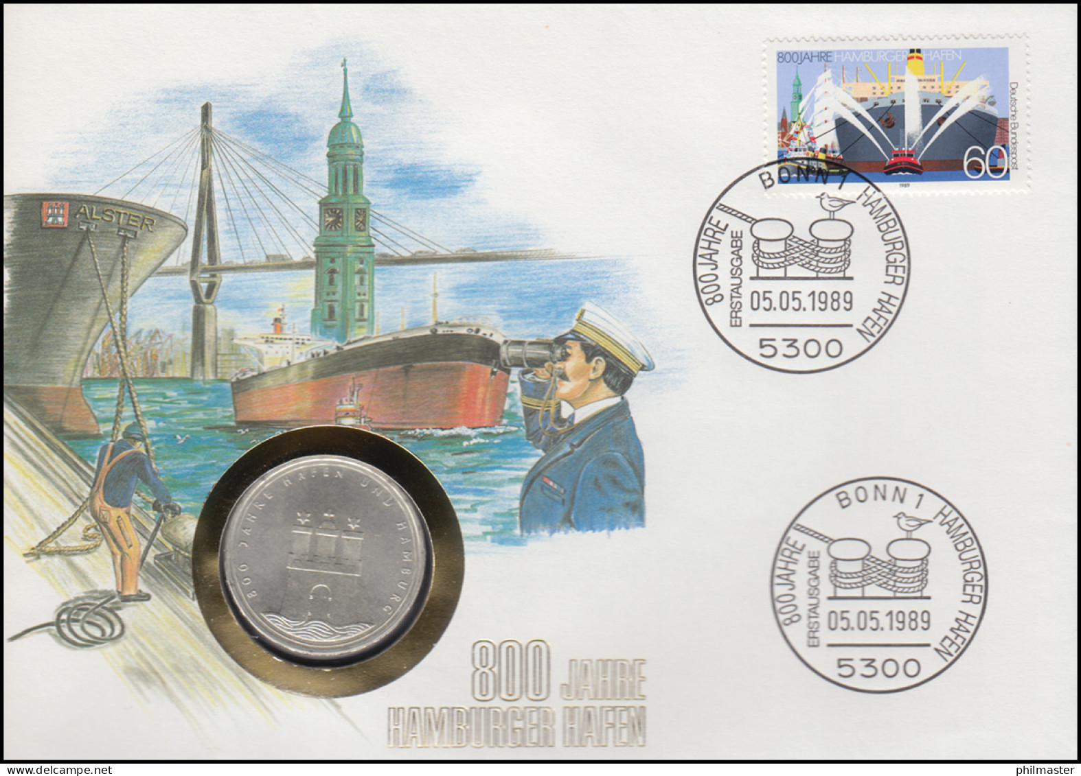 Numisbrief Hamburger Hafen, 10 DM / 60 Pf., ESST Bonn 5.5.1989 - Sobres Numismáticos