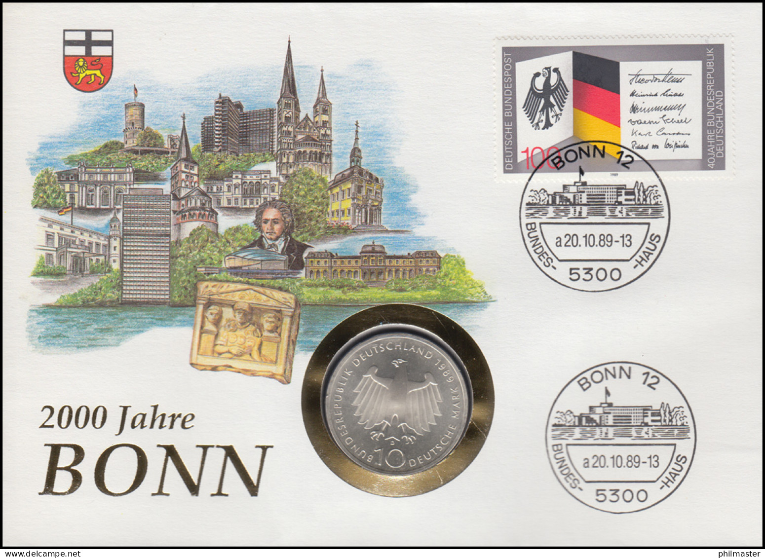 Numisbrief 2000 Jahre Bonn, 10 DM / 100 Pf., ESST Bonn 20.10.1989 - Numisbriefe