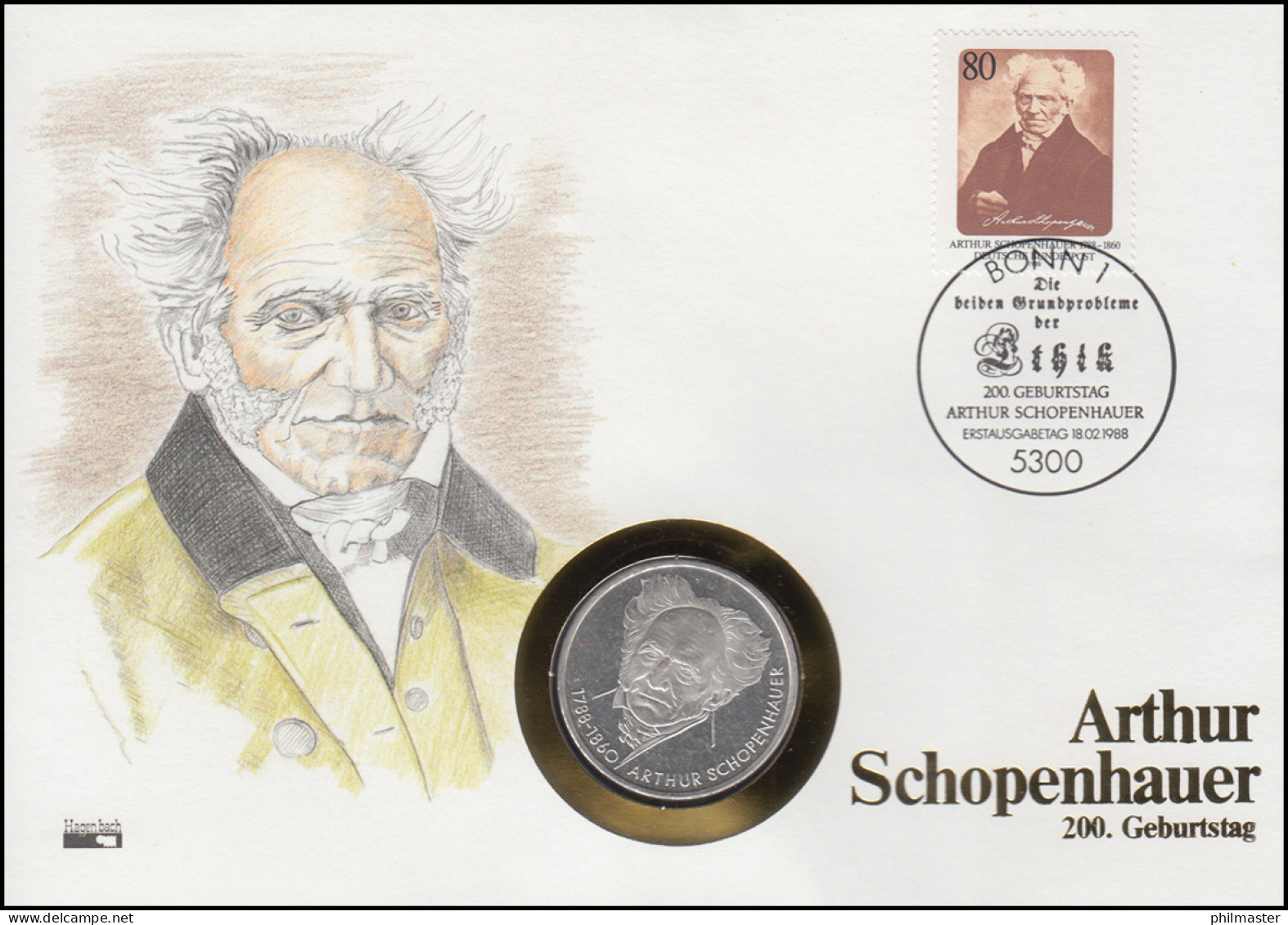 Numisbrief Arthur Schopenhauer, 10 DM / 80 Pf., ESST Bonn 18.2.1988 - Enveloppes Numismatiques