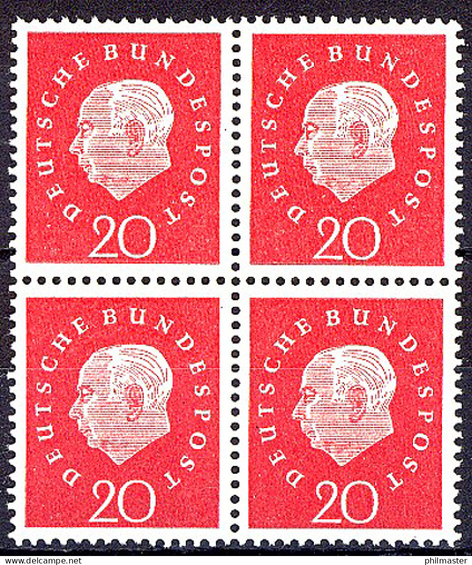 304 Heuss III 20 Pf Viererblock ** Postfrisch - Unused Stamps