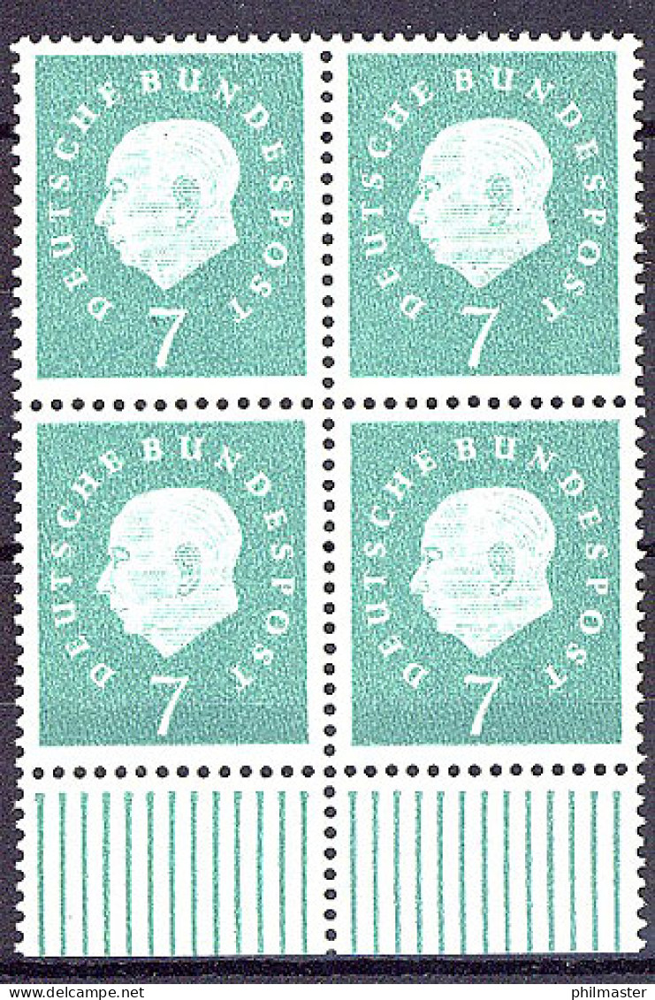 302 Heuss III 7 Pf UR-Viererbl. ** Postfrisch - Unused Stamps