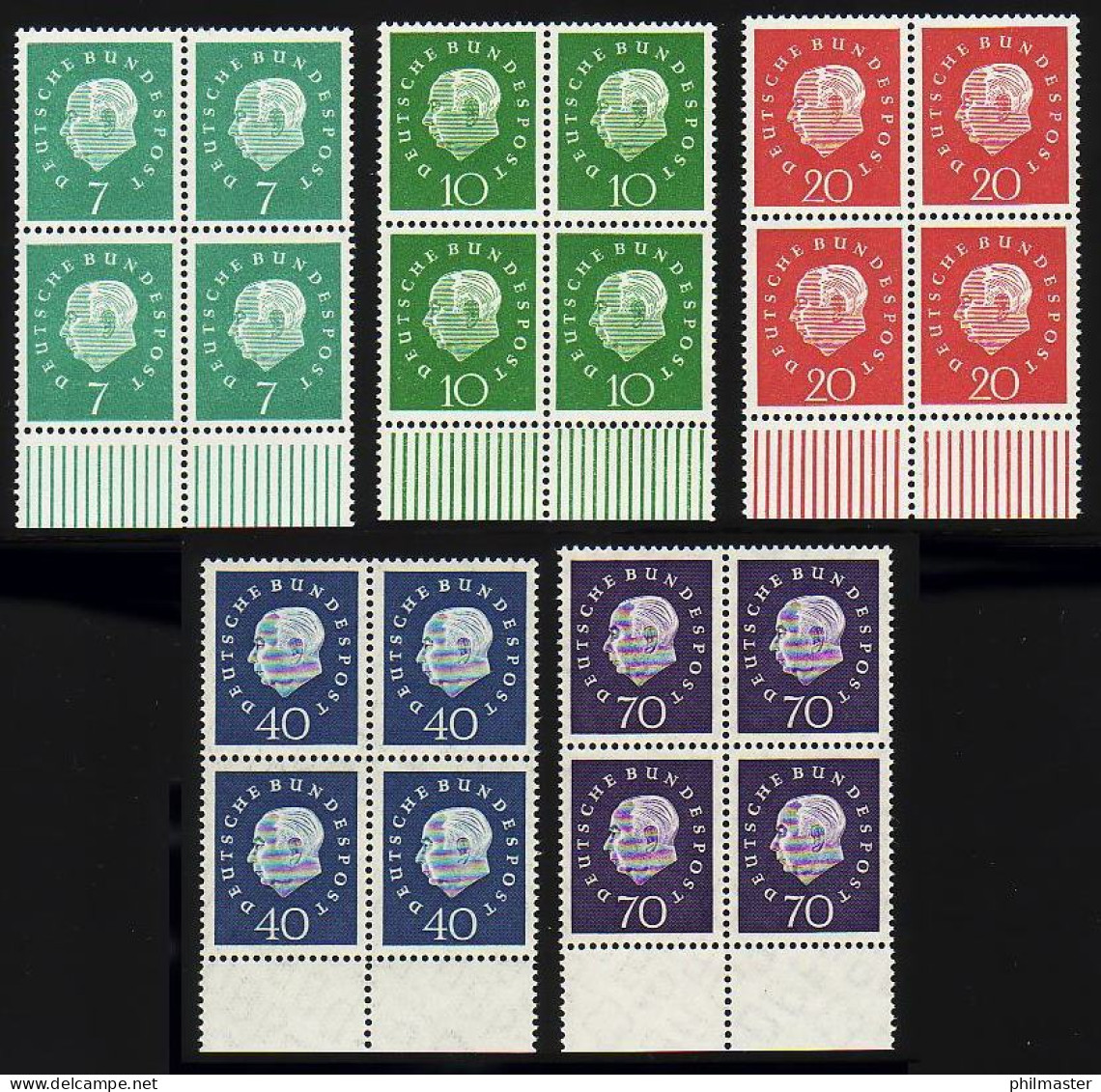 302-306 Heuss 5 Werte, Unterrand-Viererblock, Satz ** - Unused Stamps