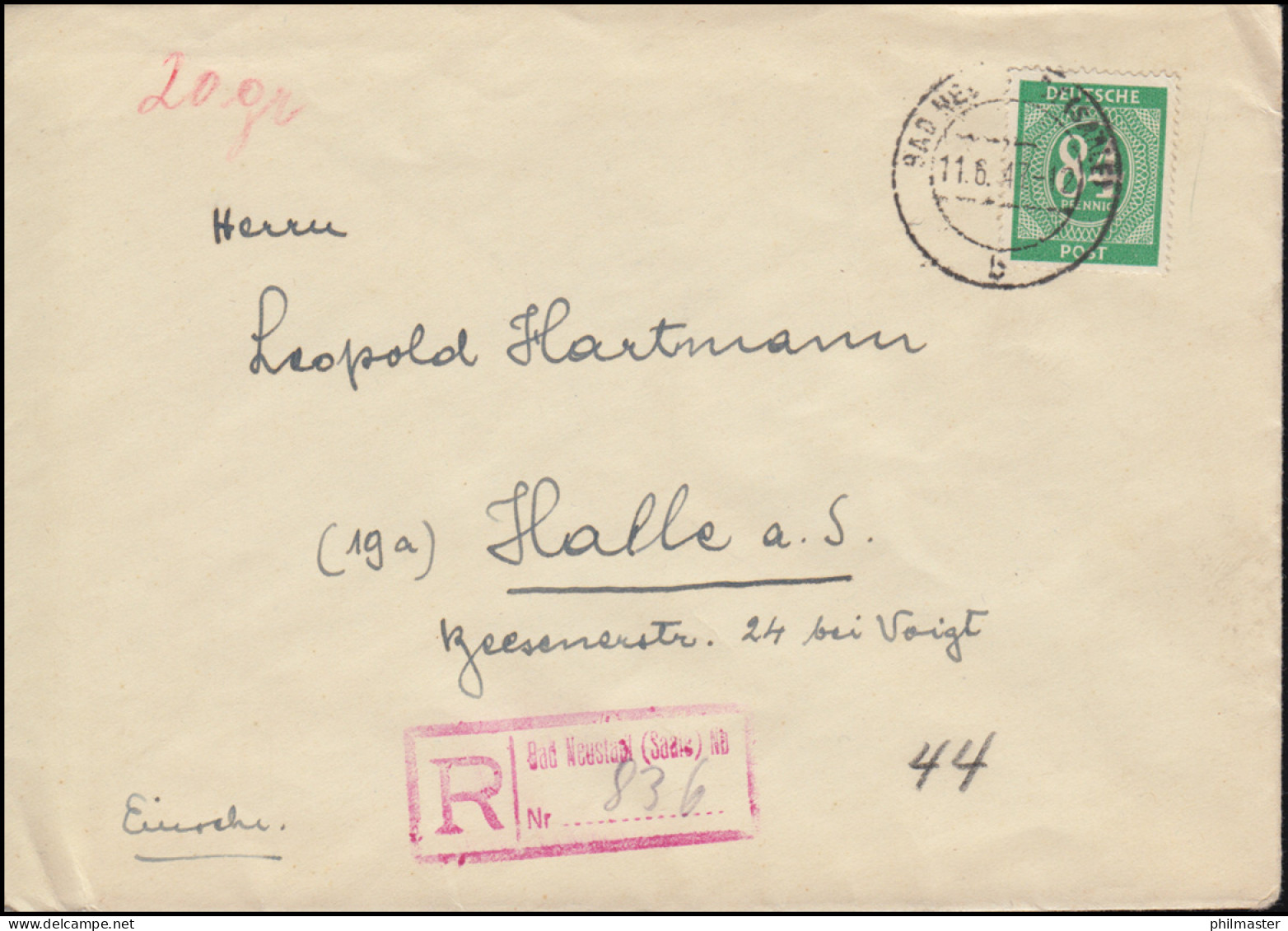 936 Ziffer 84 Pf. Als EF Auf R-Brief Not-R-Stempel BAD NEUSTADT (SAALE) 11.6.47 - Sonstige & Ohne Zuordnung