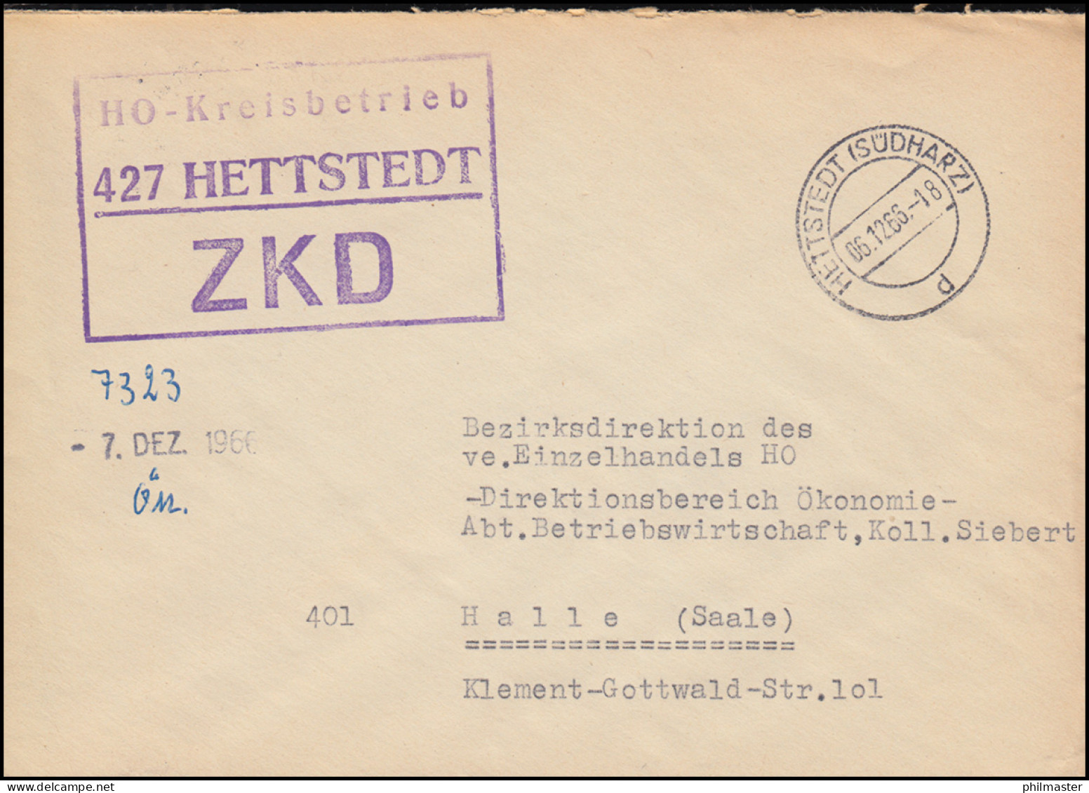 ZKD-Brief HO-Kreisbetrieb HETTSTEDT / SÜDHARZ 6.12.1966 Nach HALLE / SAALE 6.12. - Andere & Zonder Classificatie