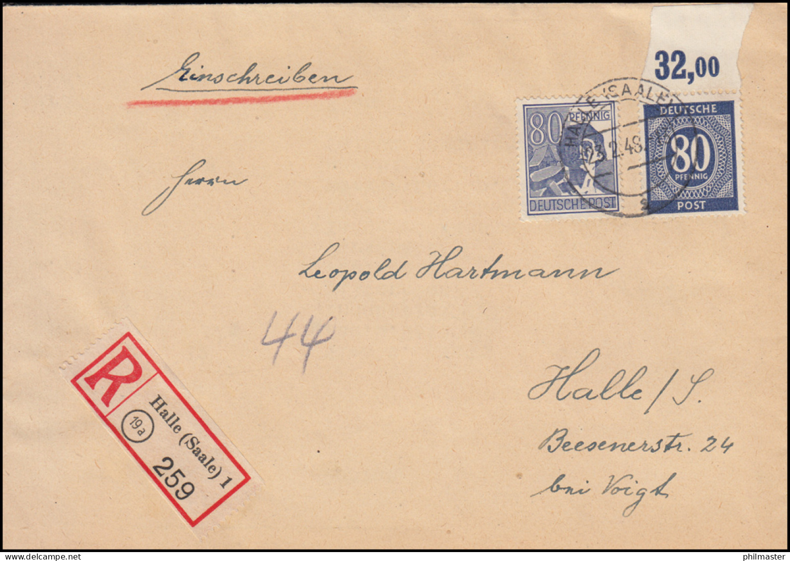 935P OR Ndgz Ziffer Mit 957 Arbeiter 80 Pf Orts-R-Brief HALLE/SAALE 23.2.1948 - Otros & Sin Clasificación