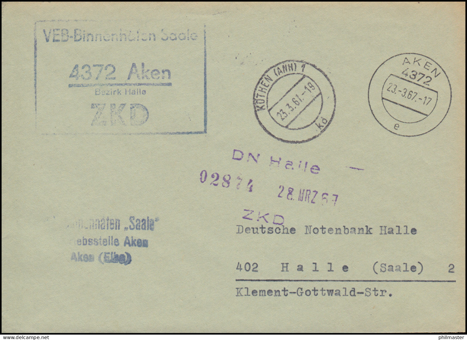 ZKD-Brief VEB Binnenhäfen Saale AKEN 23.3.1967 An Die DN In HALLE/SAALE 23.3.67 - Altri & Non Classificati