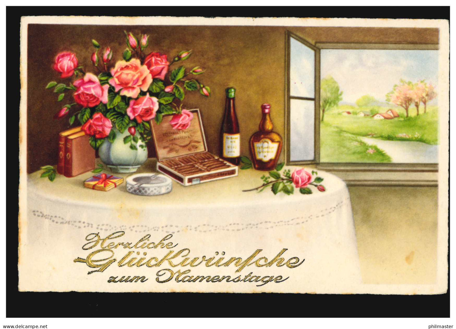 Ansichtskarte Namenstag Geburtstagstisch Zigarren Wein Bücher, AUGSBURG 1938 - Otros & Sin Clasificación
