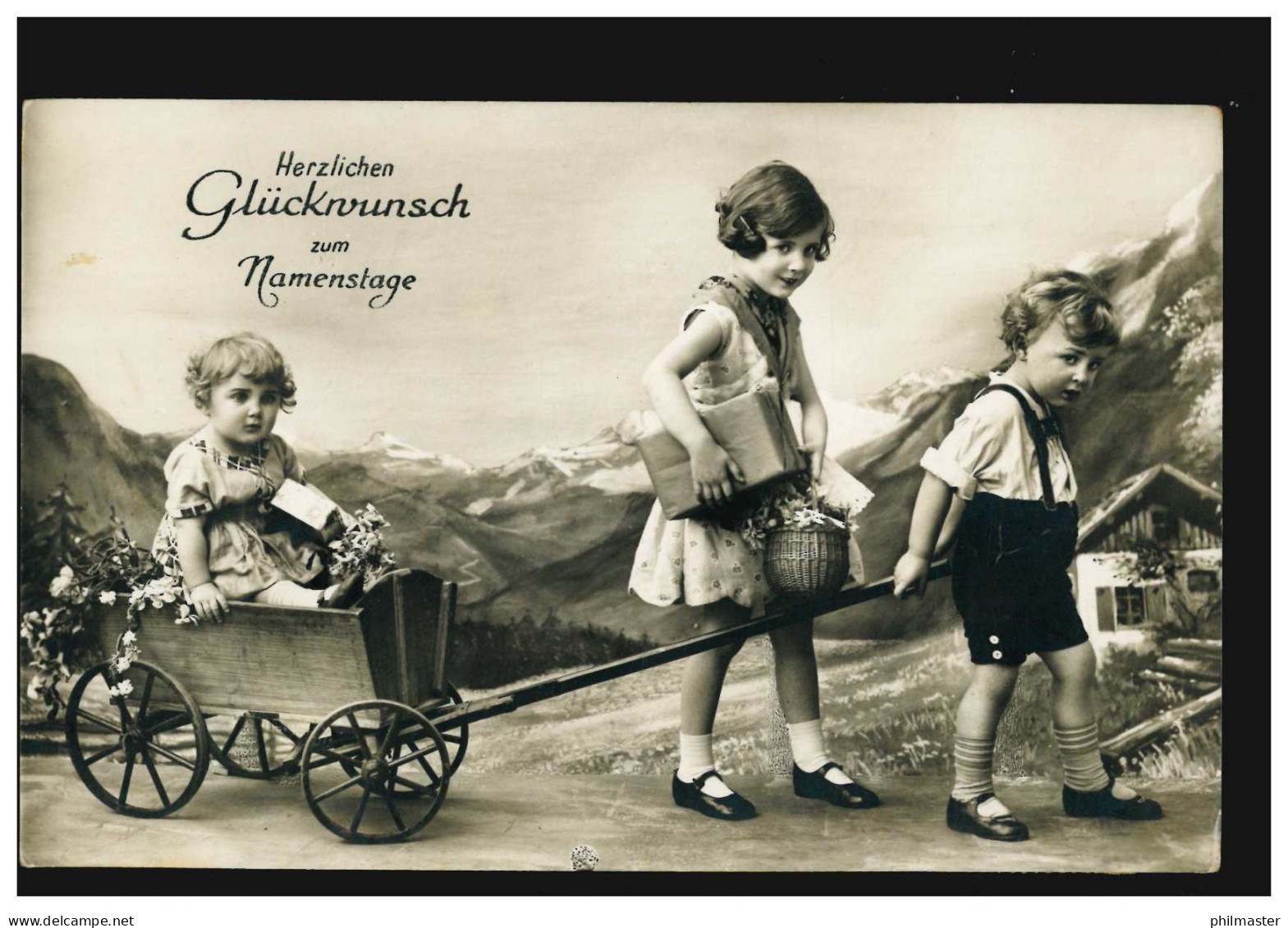 Foto-Ansichtskarte Namenstag Kinder Mit Wagen Bringen Geschenke, WALDERSLOH 1930 - Otros & Sin Clasificación
