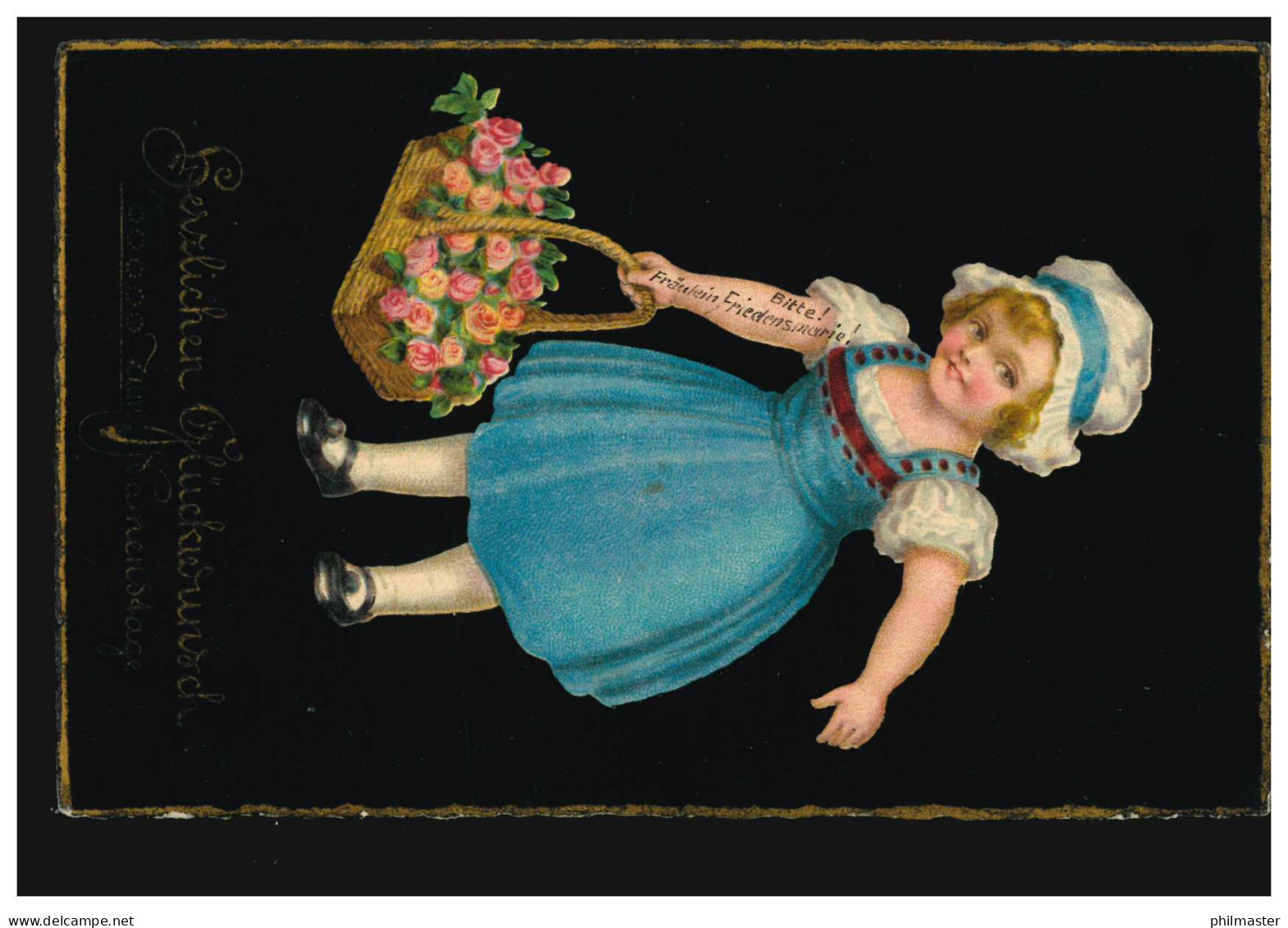 Ansichtskarte Namenstag Mädchen Im Blauen Kleid Rosenkorb, NÜRNBERG 4.9.1925 - Autres & Non Classés