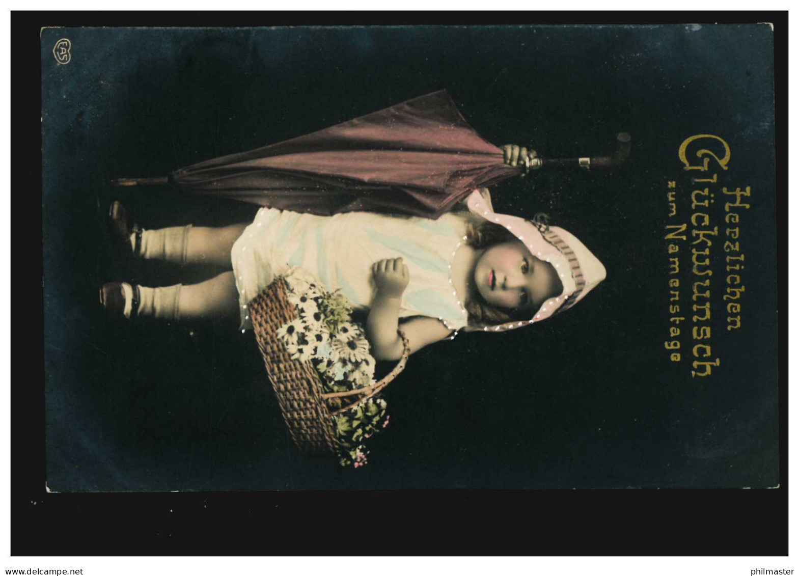 Ansichtskarte Namenstag Mädchen Mit Haube Regenschirm Blumenkorb, MERING 1908 - Andere & Zonder Classificatie