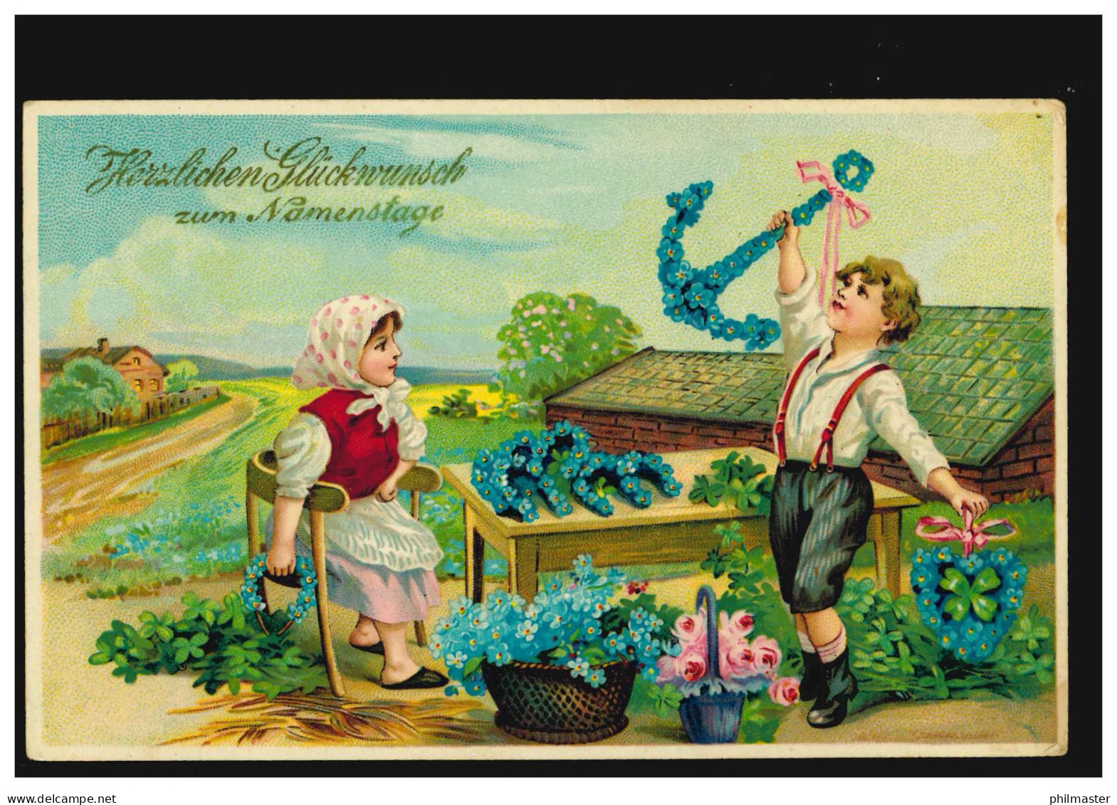 Ansichtskarte Namenstag Aus Veilchen: Glücksanker Hufeisen, OBERNEUKIRCHEN 1909 - Autres & Non Classés