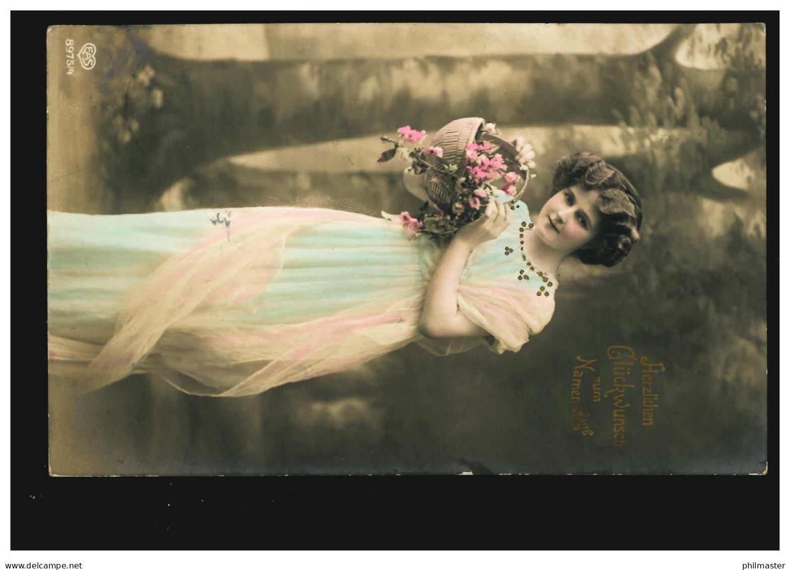 Ansichtskarte Namenstag Frau Mit Blumenkorb, Coloriert. M.GLADBACH 28.6.1913 - Other & Unclassified