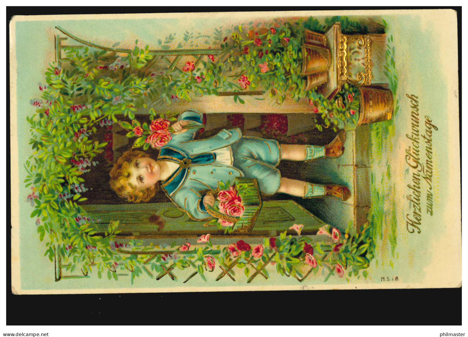 Ansichtskarte Namenstag Kind Mit Blumen Im Türbogen, Vergoldet, VIERSEN 24.11.11 - Autres & Non Classés