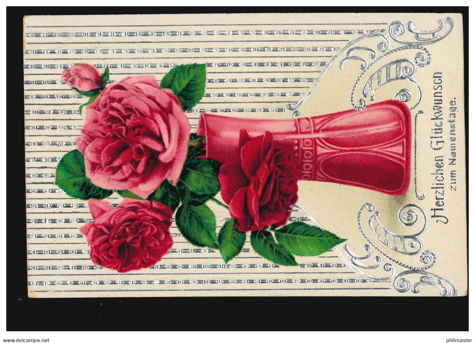 Ansichtskarte Namenstag Rote Vase Mit Roten Rosen, MAUER Bei WIEN Um 1910 - Autres & Non Classés