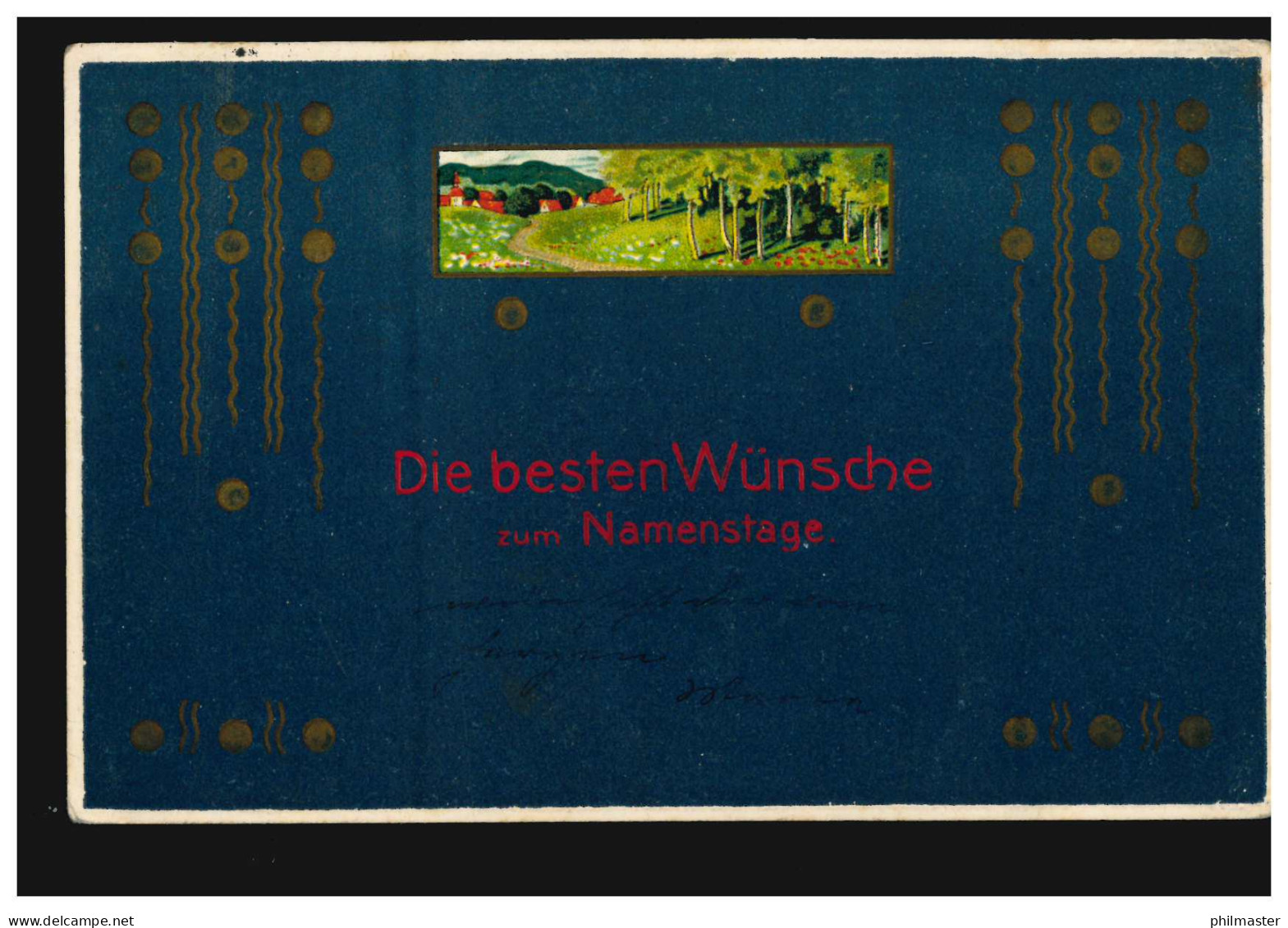 Prägekarte Namenstag Symbole Mit Bild Dorfidylle Und Wald, LANDSHUT 5.11.1907 - Other & Unclassified