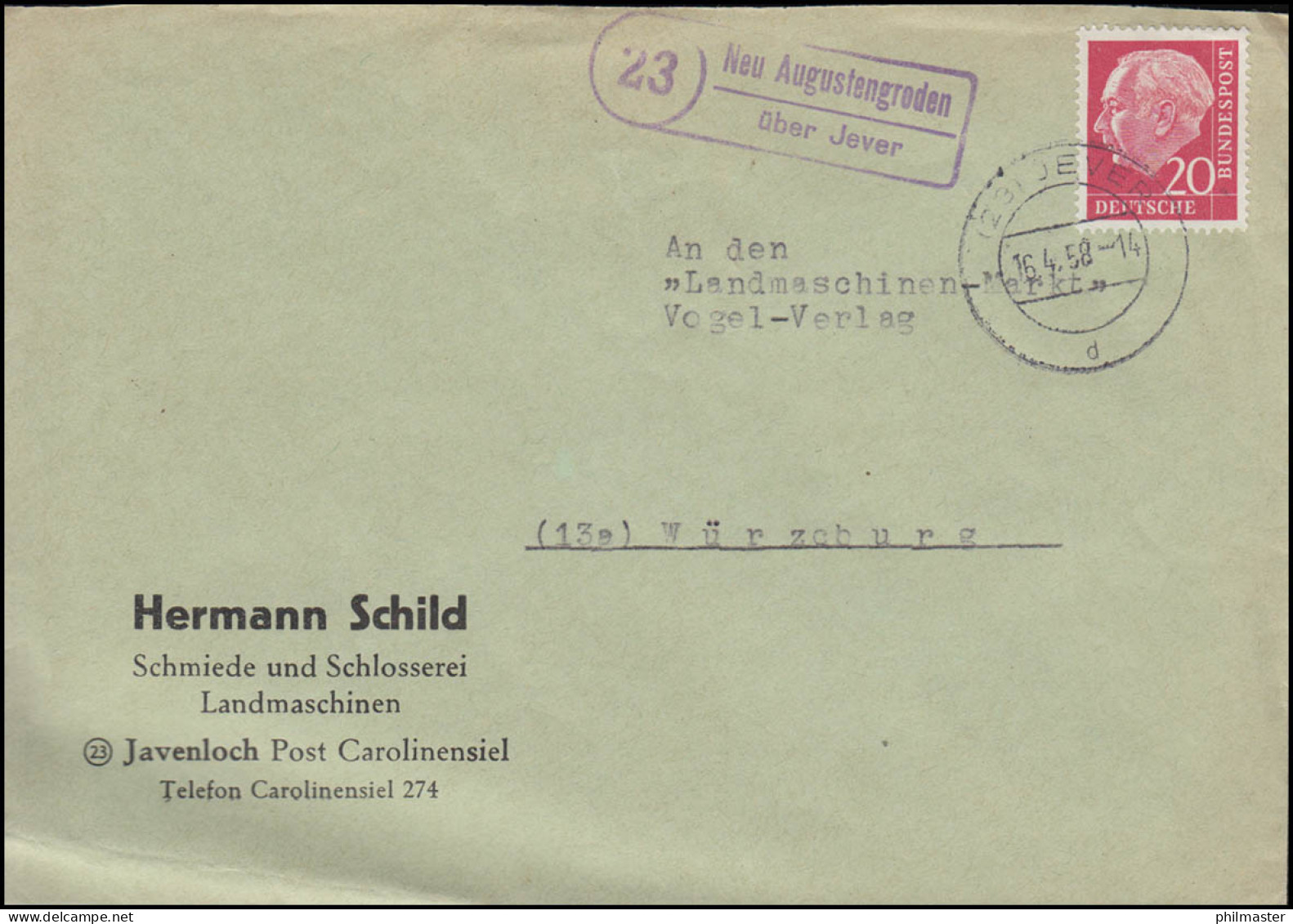 Landpost-Stempel Neu Augustengroden über JEVER 16.4.1958 Auf Brief  - Otros & Sin Clasificación